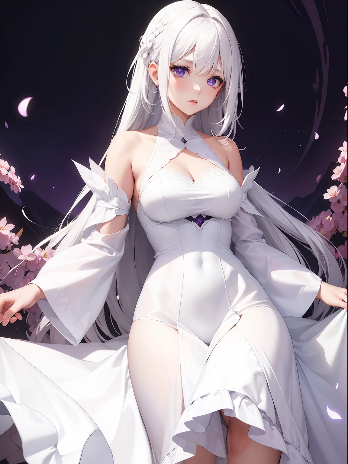 a women, white hair, purple eyes, white dress