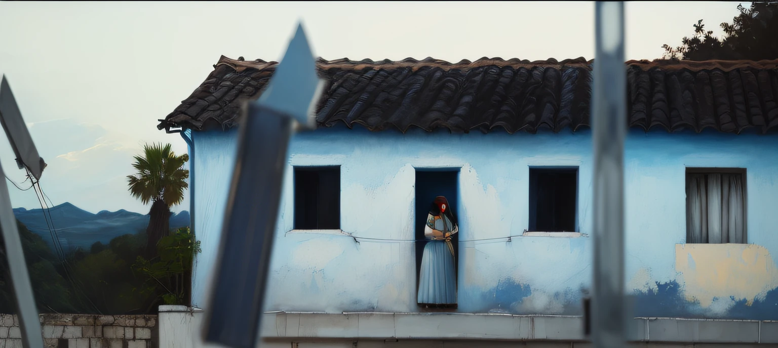 There is a woman standing in a window of a blue house, You can only see the upper part of your body. Pintura. Oleo sobre tela,