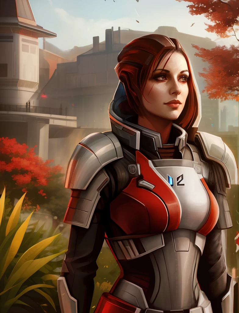 Nahaufnahme einer Frau in einem futuristischen Anzug, standing in front of a building, femshep, Kommandant Shepard, Wearing Mass Effect armor, Mass Effect Fantasy, Kunst im Shepard-Feenstil, Mass Effect-Stil, Bioware, Von Mass Effect inspiriert, weibliche rothaarige Templerin, N 7 Armor, Mass Effect-Artefakte, Alena Aenami und Android Jones, Mass Effect (Measure Effect