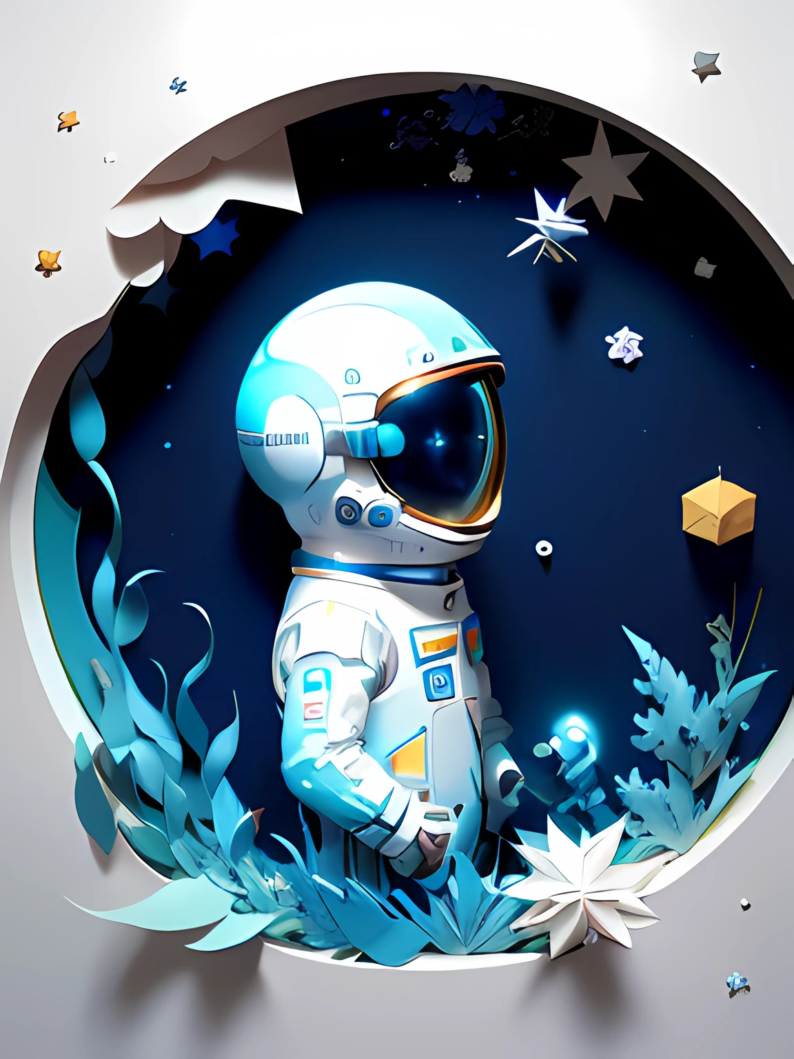 （（tmasterpiece））），best qualtiy， Light blue illustration， （（The astronaut）），starrysky， Paper_cut， （white backgrounid：1.1），hyper HD，16k。