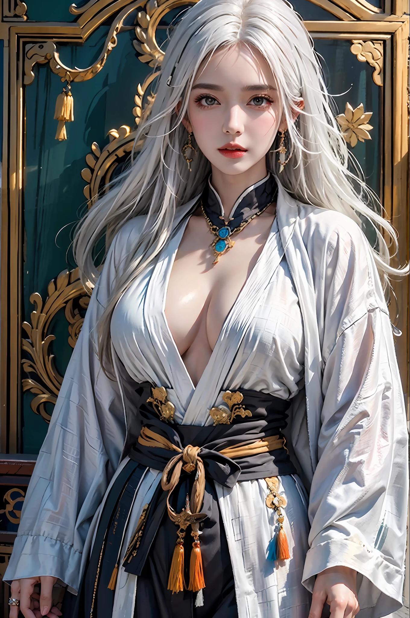 photorealistic, high resolution, 1women, solo, hips up, look at viewer, (detailed face), white hair, long hair, colorful Taoist robe,oversized clothes, jewelry