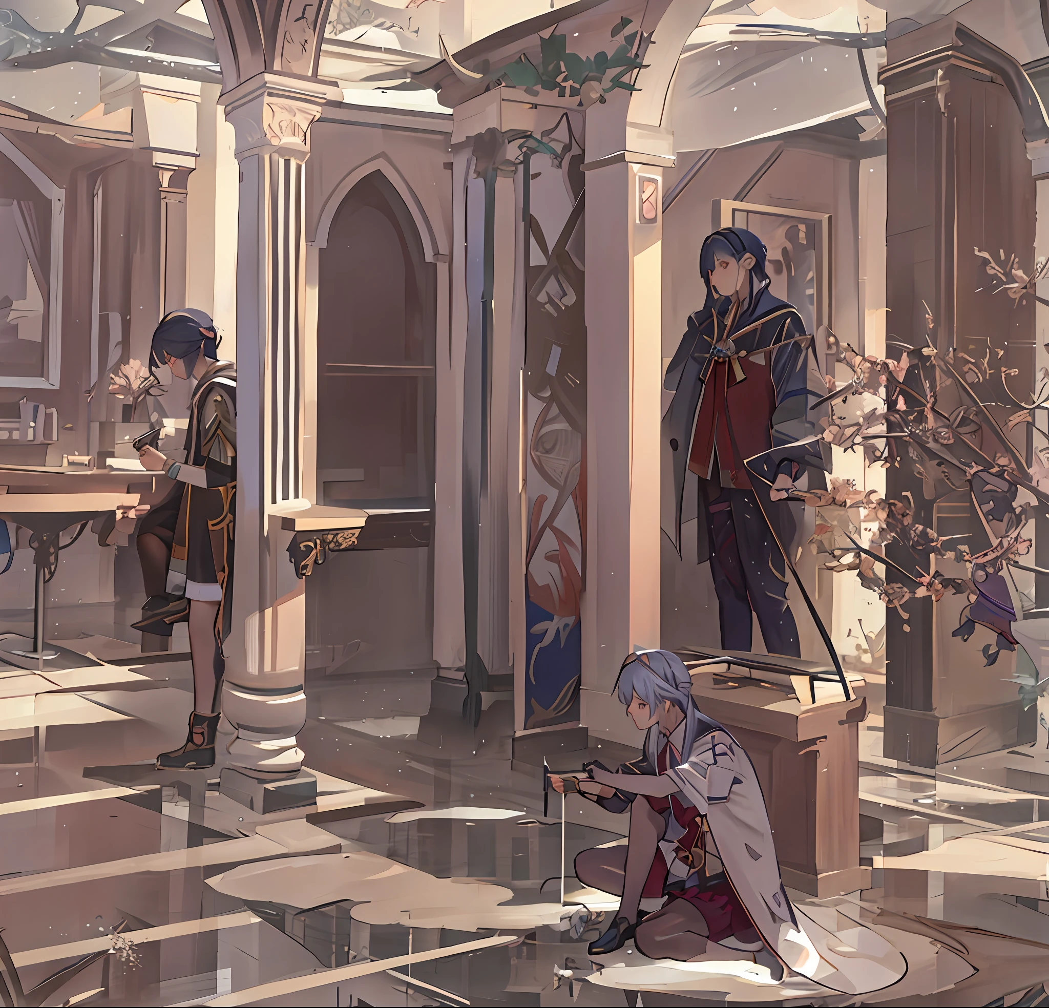 Anime scene of a woman and a man sitting on a bench, trending on artstation pixiv, krenz cushart and wenjun lin, Guviz-style artwork, Guweiz in Pixiv ArtStation, Guweiz on ArtStation Pixiv, ross tran and bayard wu, in a throne room, Anime fantasy illustration
