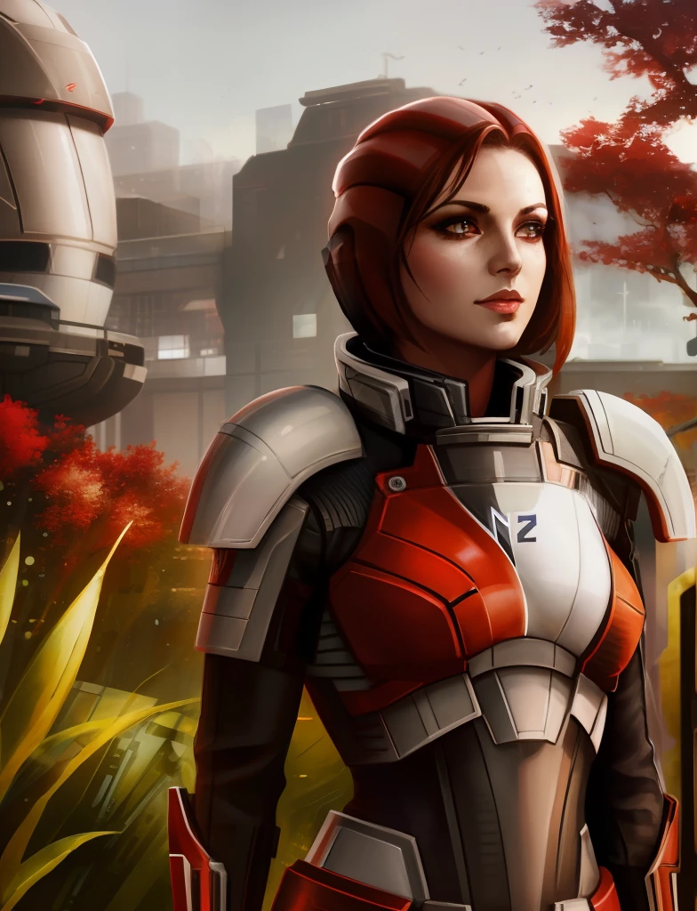 Nahaufnahme einer Frau in einem futuristischen Anzug, standing in front of a building, femshep, Kommandant Shepard, Wearing Mass Effect armor, Mass Effect Fantasy, Kunst im Shepard-Feenstil, Mass Effect-Stil, Bioware, Von Mass Effect inspiriert, weibliche rothaarige Templerin, N 7 Armor, Mass Effect-Artefakte, Alena Aenami und Android Jones, Mass Effect (Measure Effect