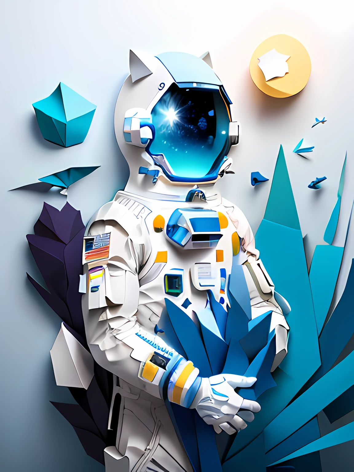 paper-cut craft,Paper illustration,Paper_cut, ((The astronaut)),Light blue illustration,((tmasterpiece))), (white backgrounid),best qualtiy,hyper HD,16k