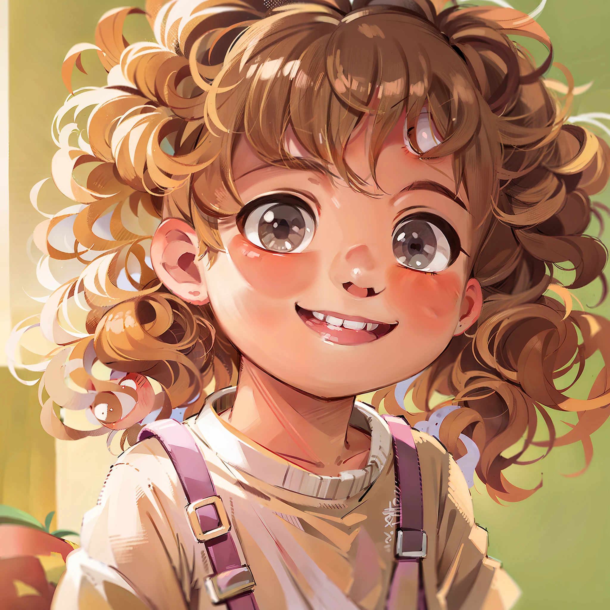 cute anime little girl, portrait from chest up, smiling, rosy cheeks, big bright shiny eyes, curly hair, 4 years old, soft lighting, high resolution