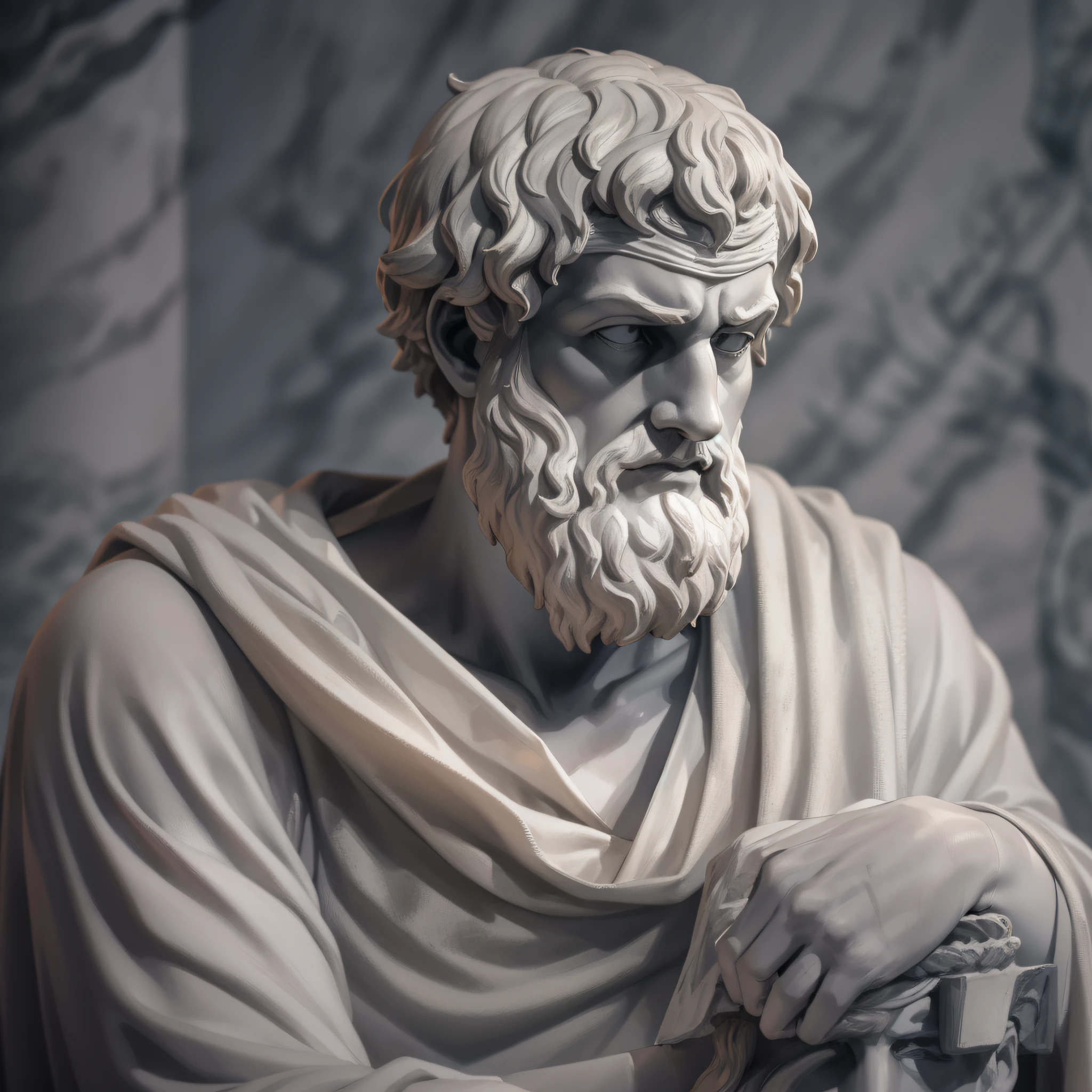 A realistic Greek white marble statue of thoughtful brave Aristotle detailed wearing a ghostly toga, fundo neutro, Moody, , fotorrealista, thoughtful movie dinner, super detalhada, hiper realista, luzes brilhantes, 8 K