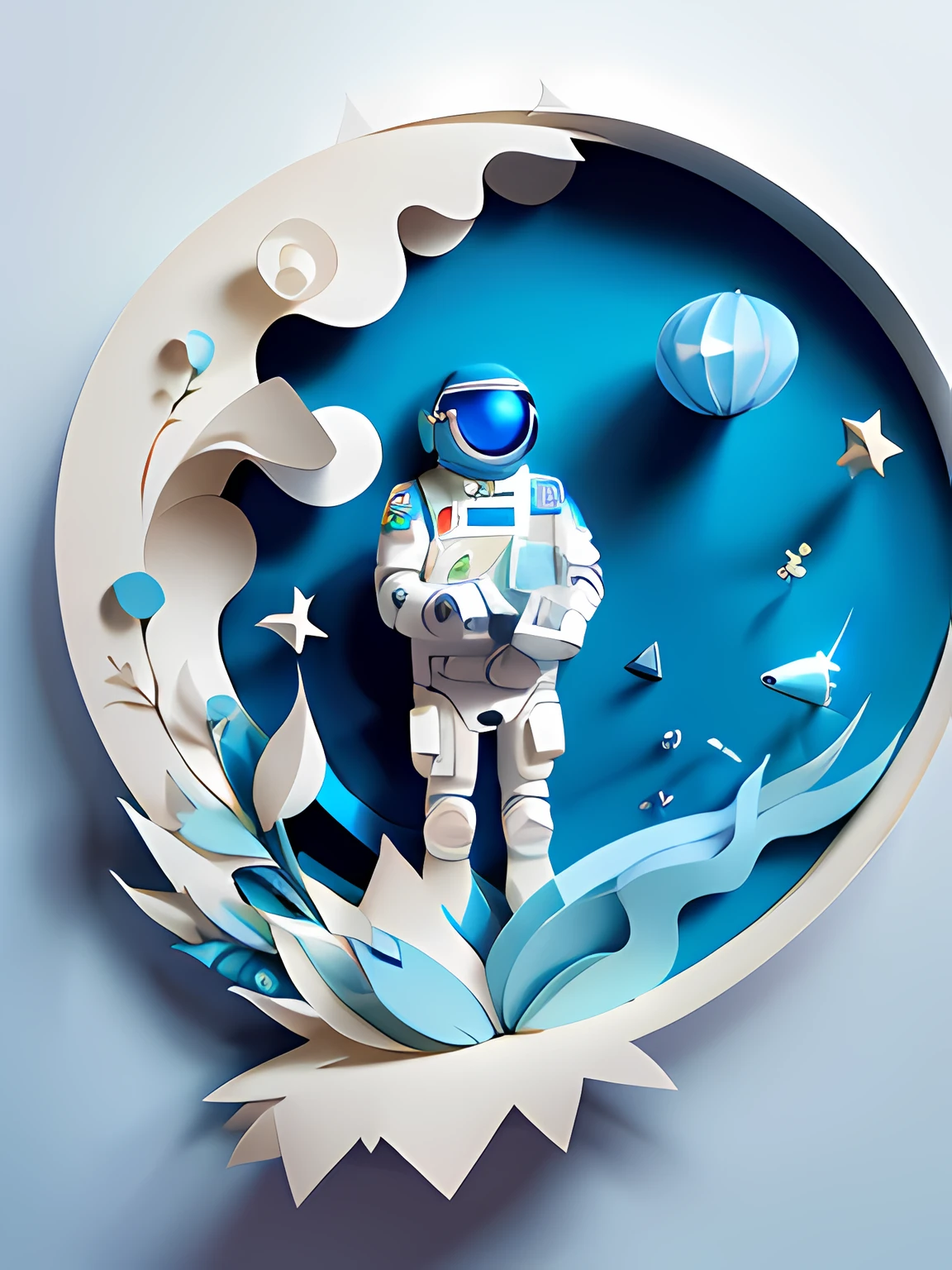 paper-cut craft，Paper illustration，Paper_cut， （（The astronaut）），Light blue illustration，（（tmasterpiece）））， （white backgrounid），best qualtiy，hyper HD，16k