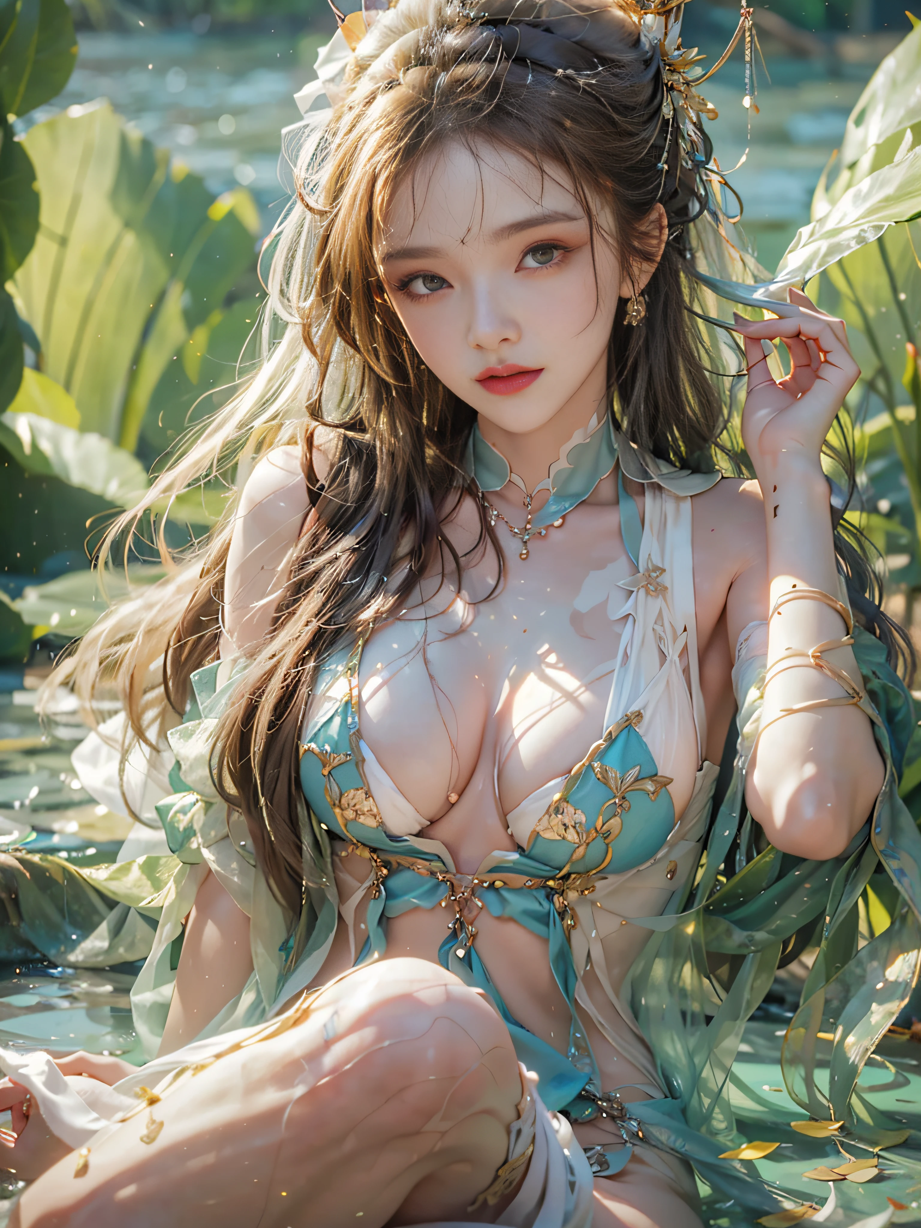 Ultra-realistic 8k CG:1.2),Perfect artwork,delicate patterns,Complicated details,(Unbeatable masterpiece,Best quality at best:1.2),((extremly intricate:1.2)Sharp Images,Hyper Real,photorealestic,8K,high qulity,tmasterpiece,awardwinning,High-density imaging,unreal-engine,skin detailed,A woman,Background backlight,Lotus pond(Ultra-realistic water surface light effects),True light and shadow particles,The costume of the white nation,Hair flaxen,Wear a bun on your head,Bust B,Wrap the chest,showing belly,Cock your ass,Very sexy,Sit Pose,F1.8,Shoot at a horizontal angle,35MM,Full body photo,true proportions,Delicate facial features,Lotus leaves surround the figure
