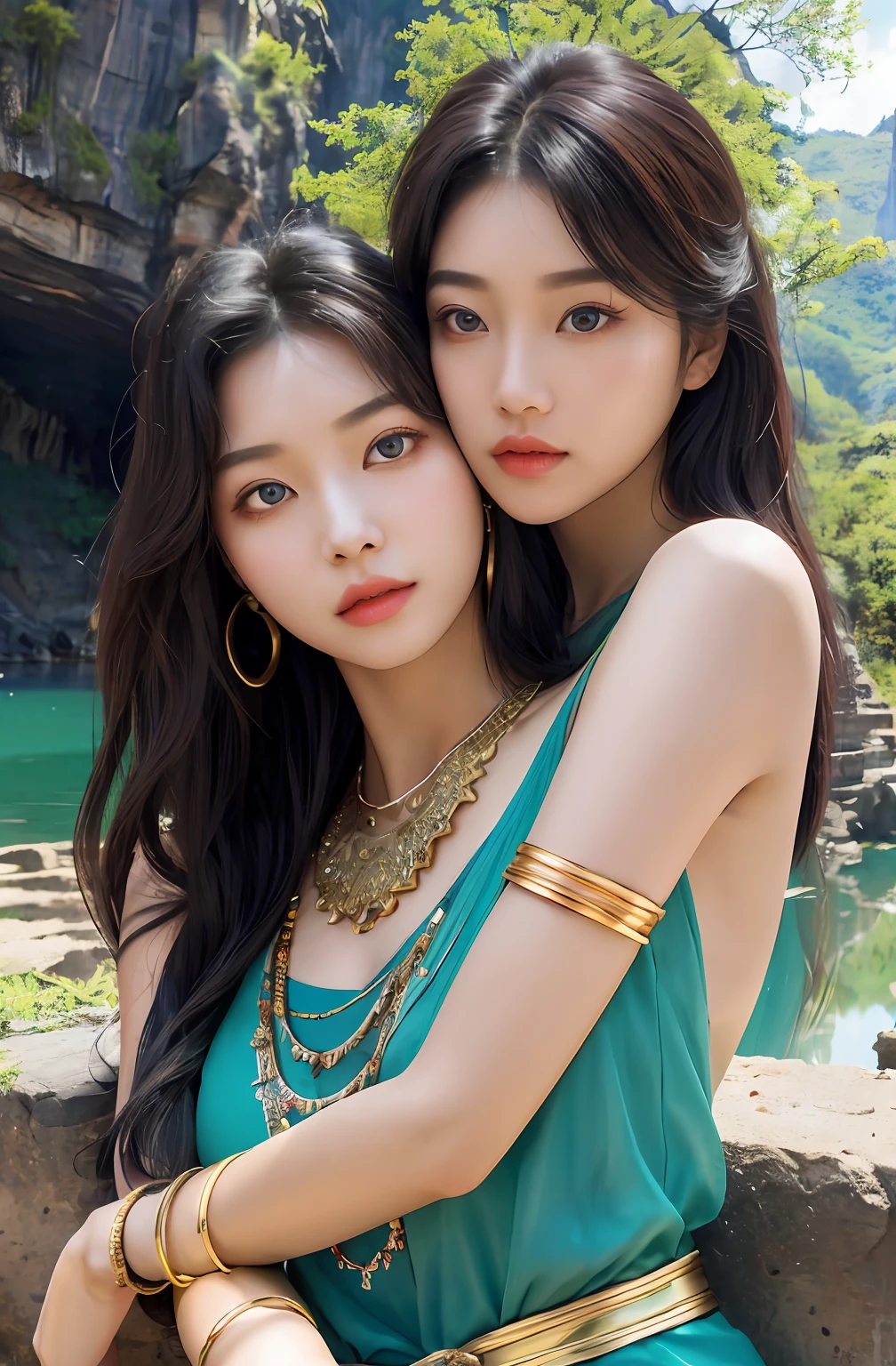 ((Realistic:1.5)),Ulzzang-6500:1.4,((Best quality)), ((Masterpiece)),((Detailed)),2girls,duo,{2 beautiful women}, (Upper body:1.3),Hug and touch each other, Tease your friend's waist, Breathless friends, Biting a friend's earlobe, crouched,super wide shot,Face focus, Long legs,Curvy, Barefoot,Wide hips, Thin legs, Oversized eyes,Long eyelashes, (Detailed face,beautidful eyes, detailedpupils,detailed clothes features, Clear background:1.3), (armlets, bangle:1.3), Mysterious ancient ruins, floresta exuberante, Deep canyon,bridge,River,cliff,Cloud,lakes,Rock music,Waterfalls, Flowers, Grass,grape trees,tree,bright detail,Sharp,Perfect compounding, Intricate, Sharp focus, Dramatic,