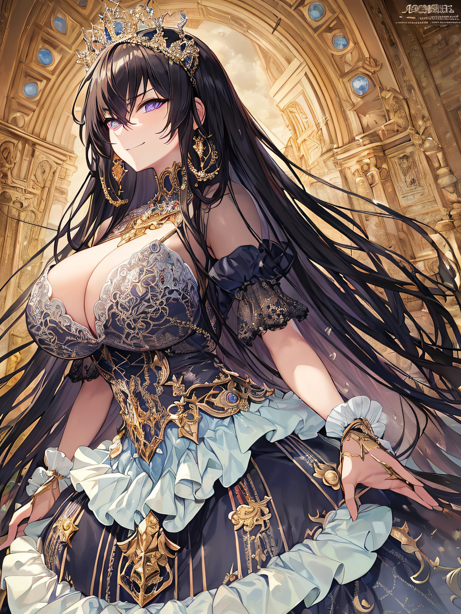 ((anime artstyle)),(Masterpiece),(Best Quality), (Super Detail),((Very Delicate and Beautiful)),((Solo)),((full body)),(((1 arrogant princess in gorgeousfull random color rococo dress))),(Purple eyes),Sharp eyes,detailed face and eyes,jewel-like eyes,(arrogant),((smirk)),dominant pose,((voluminous Very Long Hair,Straight Hair)),black hair,((Bangs between eyes)),((gigantic tits,Long tits)),curvy,skindentation,(gorgeousfull embroidery and lace),gorgeous corsage,See-through,gorgeousfull hair ornament,gorgeousfull glitter jeweled tiara,ornate ruffles,((full body)),((hoop skirt,crinoline)),Dynamic Angle,Looking at viewer,(((gorgeousfull random color rococo dress)),full body