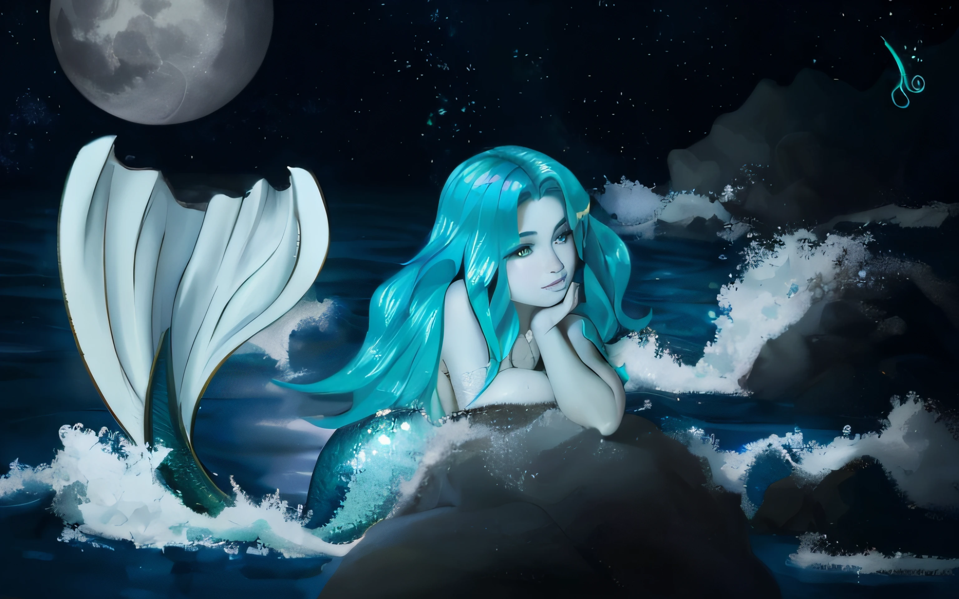 Sereia sentada em uma rocha no oceano com uma lua cheia ao fundo, Deusa do Oceano, noite calma. digital illustation, sereia, uma sereia no mar, Deusa do Mar, mermaid in distance, No estilo de arte de Bowater, sereia bonita, stylized digital illustration, Retrato da Sereia, ariana grande as a sereia, manter cores, cores originais, corrigir olhos, Corrects hands, corrigir rosto, cauda escama, sereia azul, sereia verde