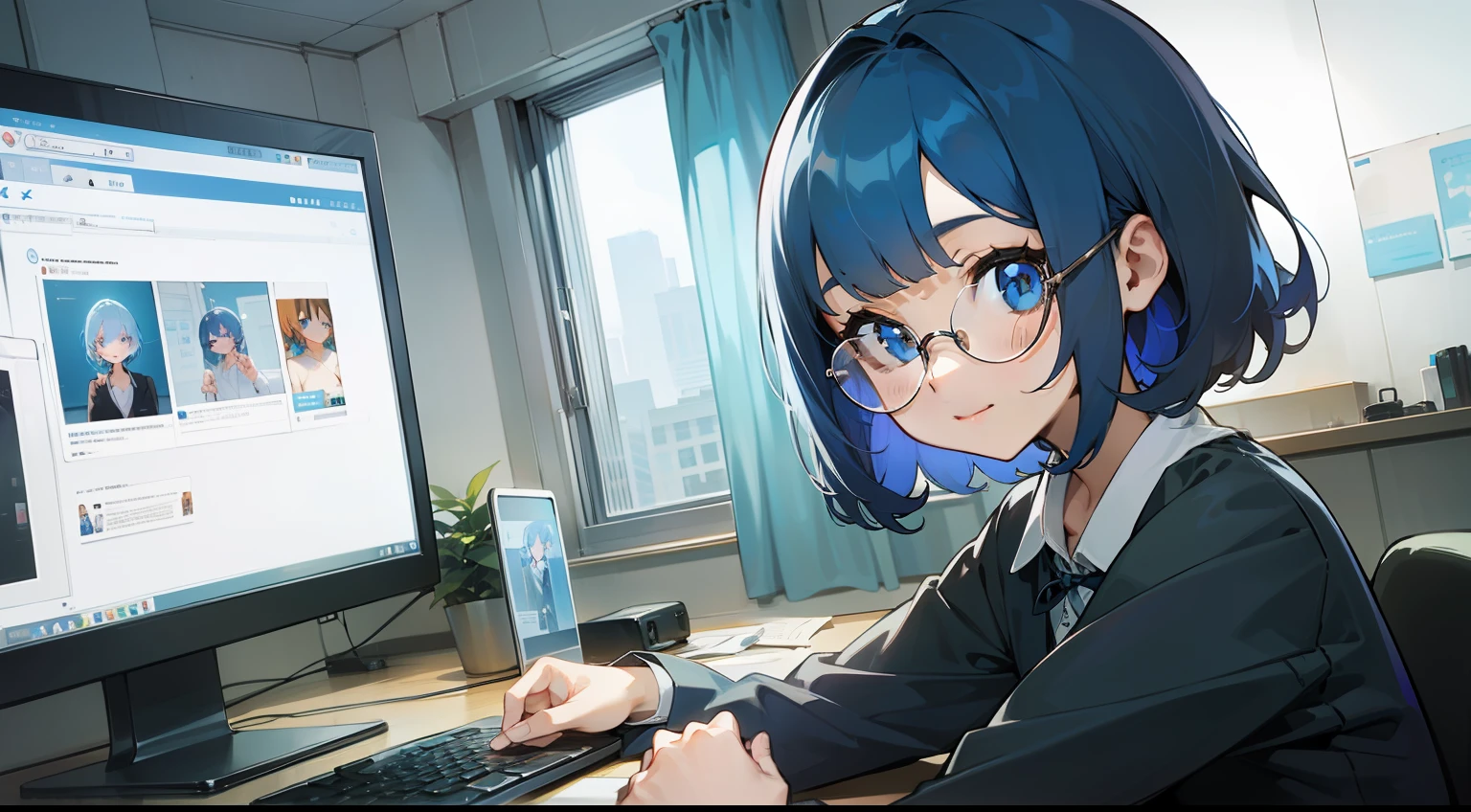 (beautiful eyes finely detailed、Face to detail、masterpiece sidelighting、masterpiece、top-quality、detaileds、High resolution illustration)、((Scene、1 persons)), (jpn、TOKYOcty、modern day、large company、A room in a high-rise building、(wide angles、)s Office)、,(You are using a laptop、desk work)(Business Casual、skirt by the、eye glass、adult lady)、(1 persons、adult-like、Women around 28 years old) ,(1girl in、full bodyesbian、sideways Facing、Beautuful Women,luslous skin、Look at your computer screen、A smile), (short-hair、blue eyess、Blue-haired)、