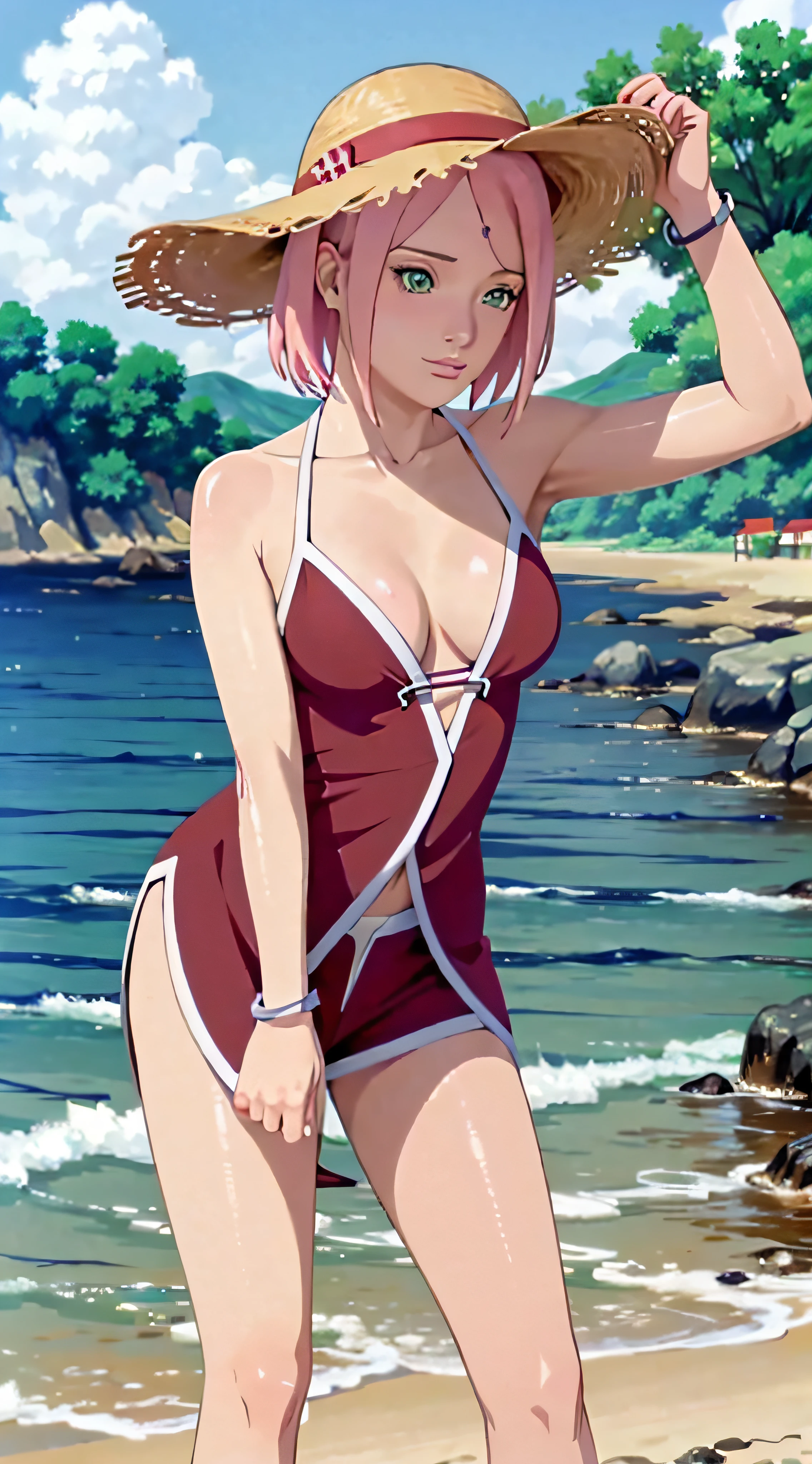 Obra-prima, highres, alta qualidade, rosto detalhado, render corpo detalhado, 1girl, sakura,solo, sakura haruno, hinata-sleevless-outfit, seios grandes, peito grande, camisa sem mangas, top, fishnet top, Dark lips, unzipped jacket, no-bra, seios para fora, mamilo, standingn, blushes, (no quarto)Woman in bikini and hat on the beach, with straw hat, mulher na praia, wearing straw hat, traje: sbikini, Directed by: Pamela Anderson, bikini model, wearing a bikini, menina na praia,, em uma praia ensolarada, wearing wide sunhat, wearing two - piece swimsuit