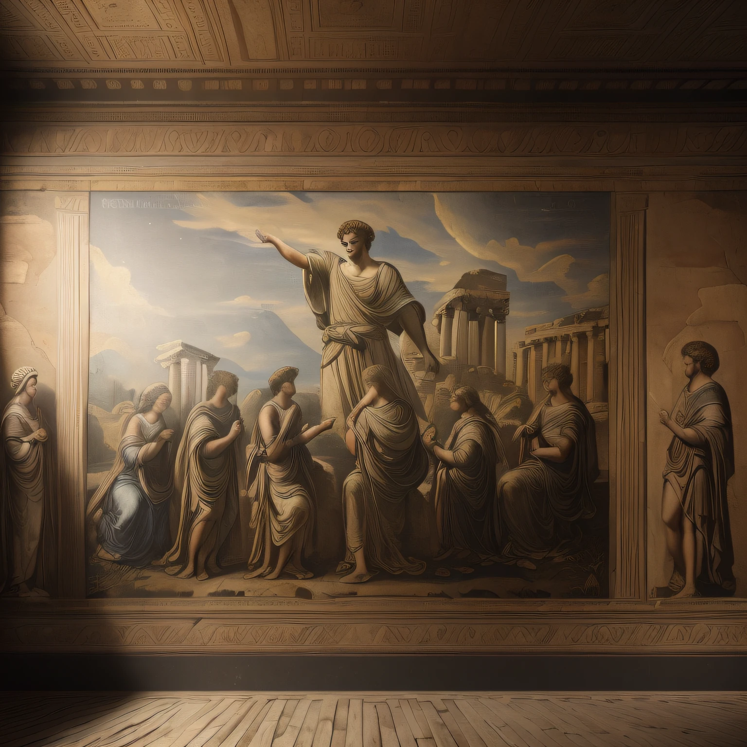 ((masterpiece, photorealistic:1.4), Realism style, photography, (Sharp focus Camera Model: Canon EOS R6 Lens: Canon RF 24-105mm f/4L IS USM), ancient roman wall), (roman history:1.2), (old mural:1.2), (ancient mural), (wall subject), all in (eerie black:1.2), ancient mural text,