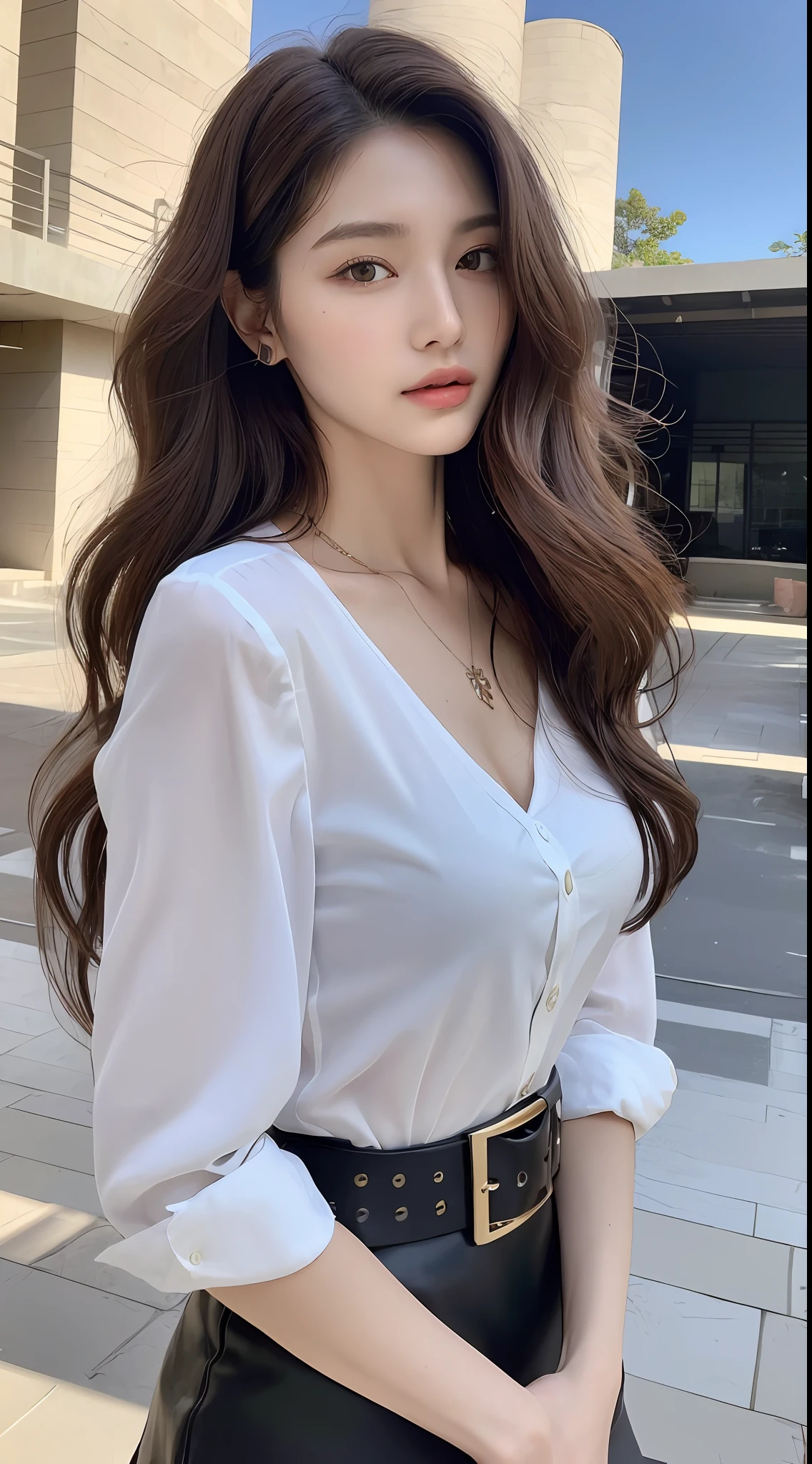(Best quality, High resolution, Masterpiece :1.3), A tall and pretty woman, Slender abs, Dark brown hair styled in loose waves, Breasts, Wearing pendant, White button up shirt, Belt, Black skirt, (Modern architecture in background), Details exquisitely rendered in the face and skin texture, Detailed eyes, Double eyelid