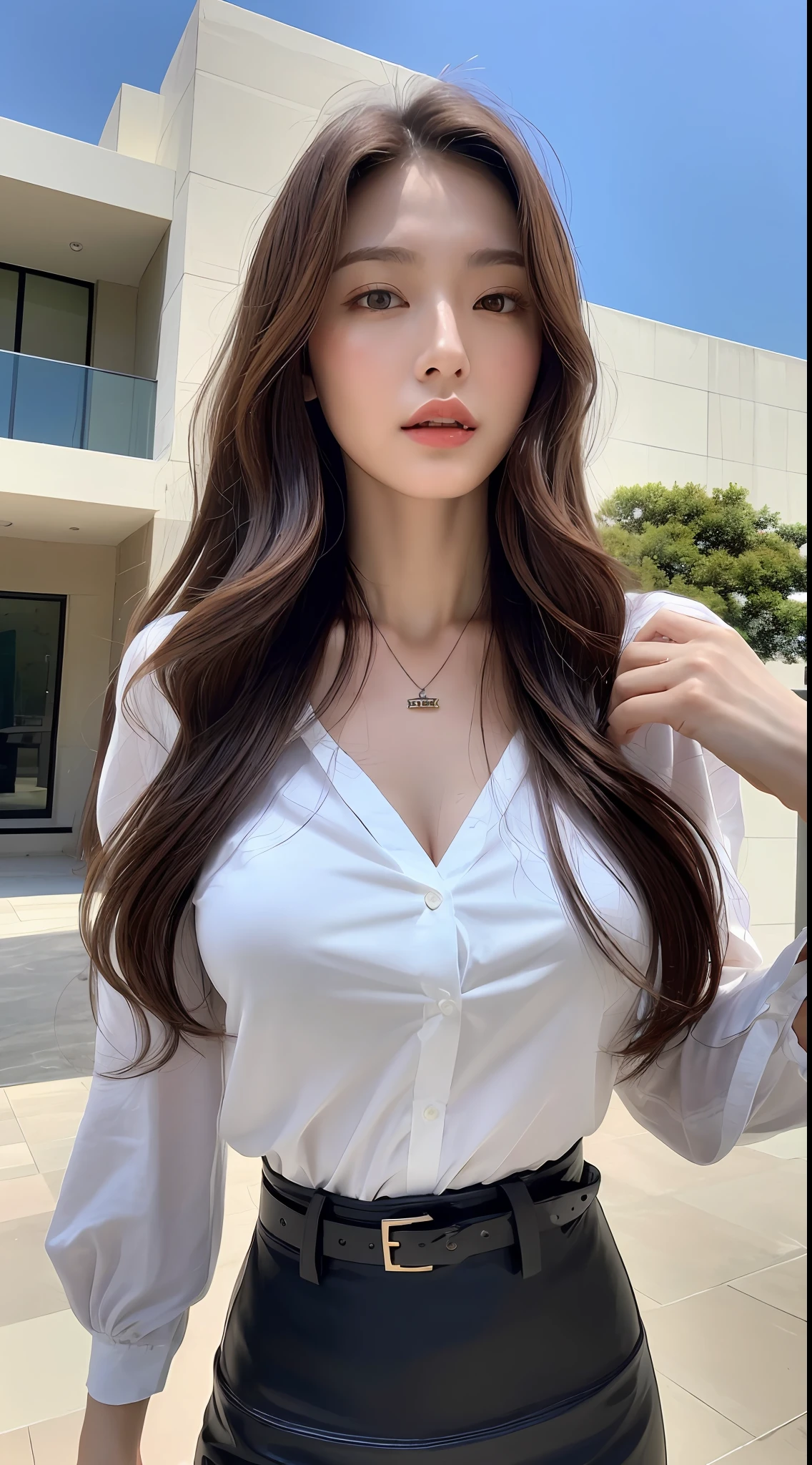 (Best quality, High resolution, Masterpiece :1.3), A tall and pretty woman, Slender abs, Dark brown hair styled in loose waves, Breasts, Wearing pendant, White button up shirt, Belt, Black skirt, (Modern architecture in background), Details exquisitely rendered in the face and skin texture, Detailed eyes, Double eyelid