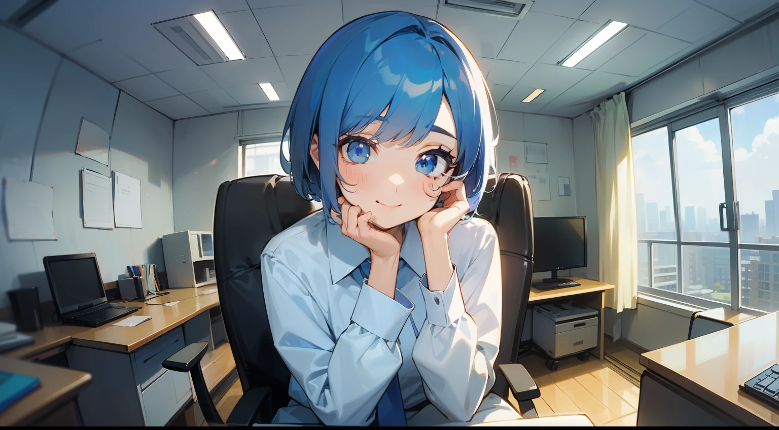 (beautiful eyes finely detailed、Face to detail、masterpiece sidelighting、​masterpiece、top-quality、detaileds、High resolution illustration)、((Scene、1 persons)), (jpn、TOKYOcty、modern day、large company、A room in a high-rise building、(wide angles、)s Office)、,(You are using a laptop、desk work)（Business Casual、skirt by the、eye glass、adult lady)、(1 persons、adult-like、Women around 28 years old) ,(1girl in、full bodyesbian、sideways Facing、Beautuful Women,luslous skin、Look at your computer screen、A smile), (short-hair、blue eyess、Blue-haired)、