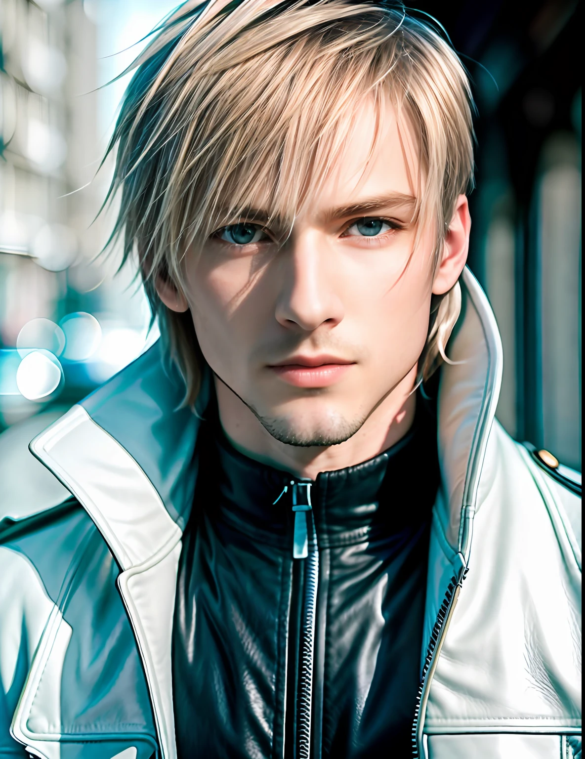 masterpiece, highest quality, RAW, style, A stunning half-body portrait of a handsome man, light hair, pale skin, vibrant blue eyes, wearing white leather jacket, focused expression, (highly detailed skin, skin details), sharp focus, 8k UHD, DSLR, high quality, film grain, Fujifilm XT3, intricate details, highly detailed, cluttered and detailed background