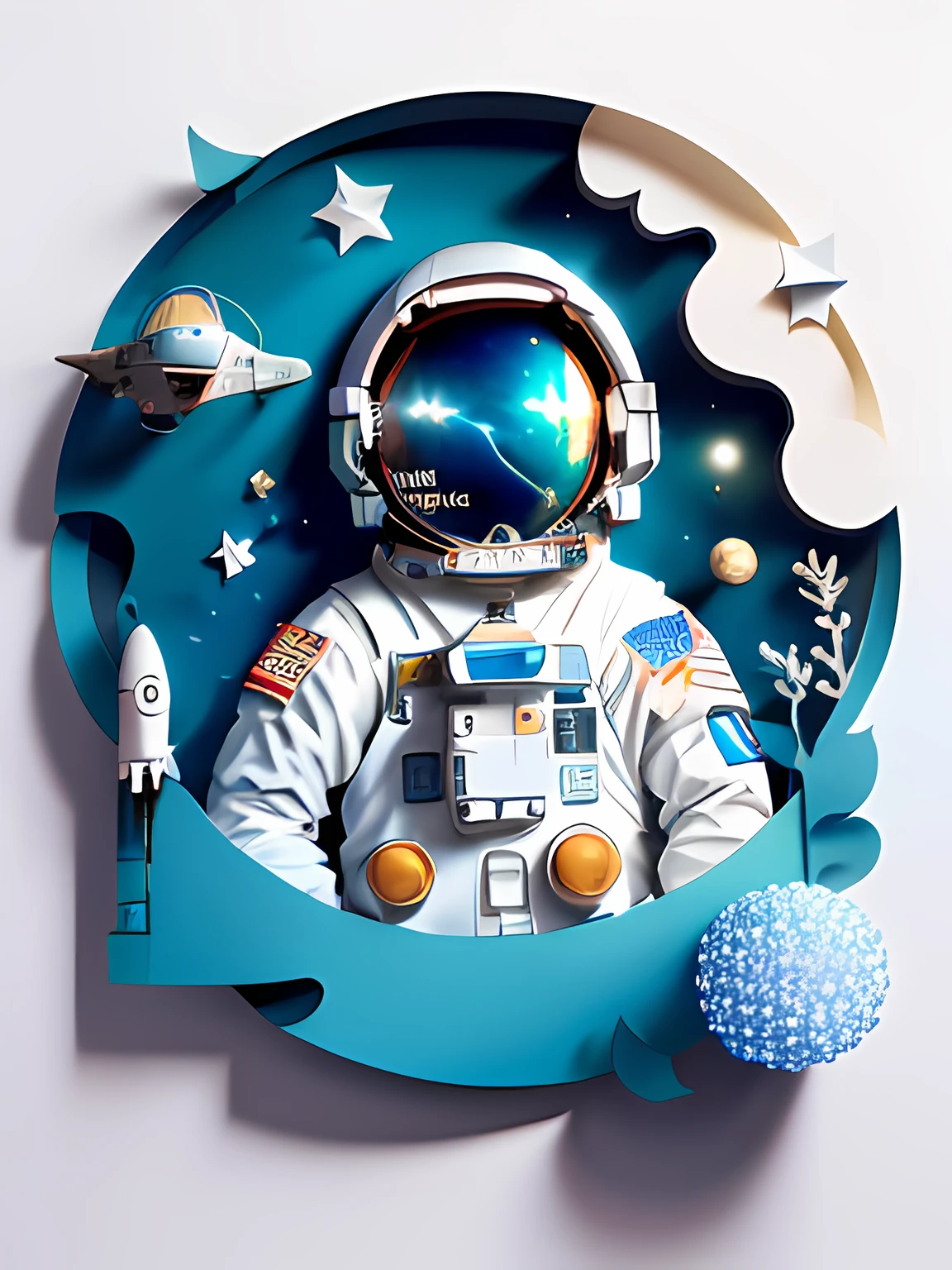 ((Masterpiece))), Best Quality, Light Blue Illustration, ((Astronaut)), Starry Sky, paper_cut, (White Background: 1.1)