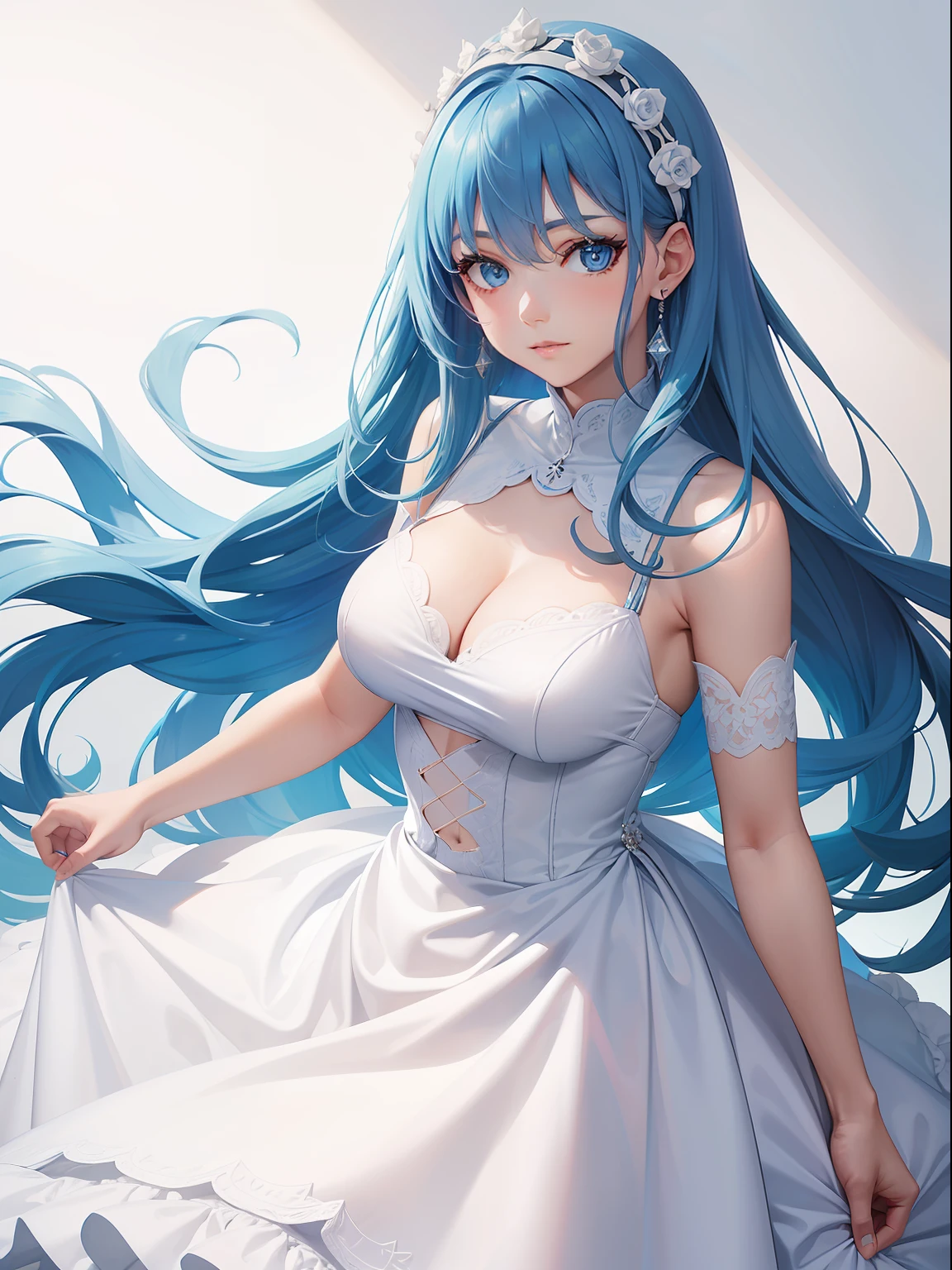 a women, blue hair, blue eyes, white dress