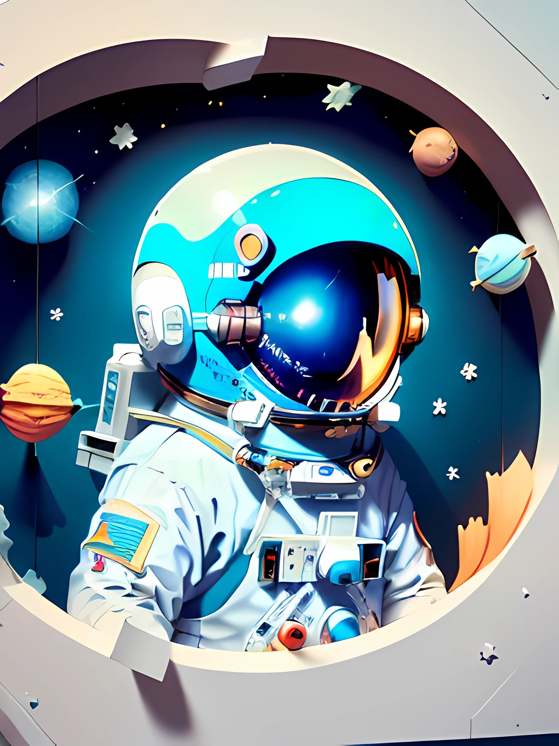 ((Masterpiece))), Best Quality, Light Blue Illustration, ((Astronaut)), Starry Sky, paper_cut, (White Background: 1.1)