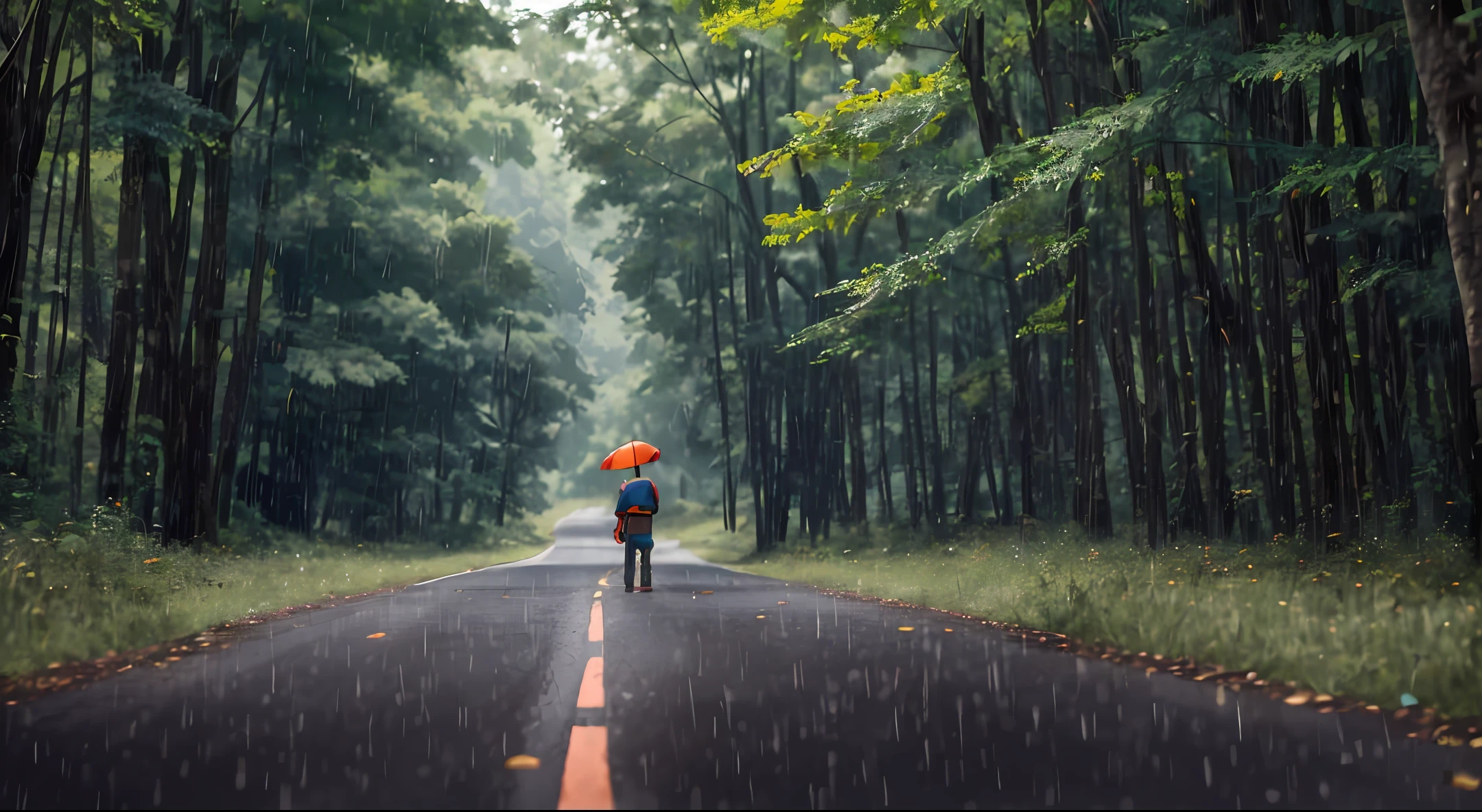 I want to generate a 25-year-old guy stand the right side of the road and it's raining now, it's a forest area, feeling the weather standing a short distance from the car and I need this shot from a low angle, ultra-realistic, 8K, photo realistic --auto --s2