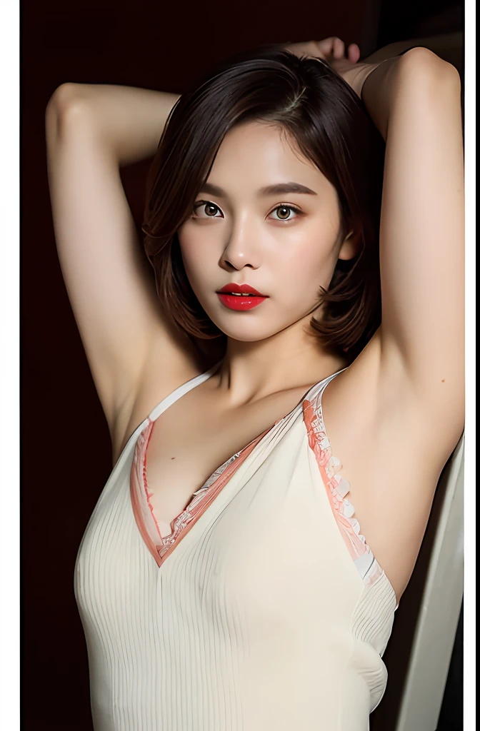 (Show armpits)、(Armpit、Detailed armpit wrinkles)、(photoRealstic:1.4)、(hyper realisitic:1.4)、(realisitic:1.3)、(Smooth Lighting:1.05)、(Improved cinematic lighting:0.9)、32K、1 girl in、20 years girl、Realistic lighting、Light hitting the armpits、face lights、raytrace、(Whitening Light:1.2)、(Image enhancement:1.4)、(Top quality real skins:1.4)、Narrow-eyes、skinny face、Narrow-eyes、(Increased body line mood:1.1)、Smaller chest、(Beauty of skin texture: 1.1)、armpits hair、laced lingerie、thighs thighs thighs thighs、penisbulge、Bulge between the thighs、a bed、Short hair-、seductiv、Bright red lipstick