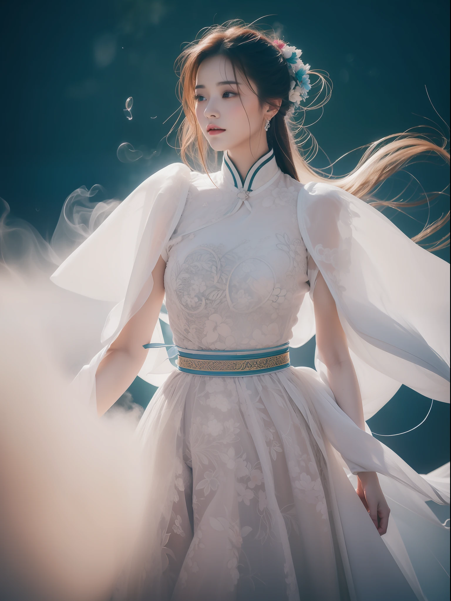 zhongfenghua, 1girl, solo, hanfu, ancient_chinese_architecture, flower field, blossom, (white smoke:1.3) (photorealistic:1.4), zentangle, mandala, entangle, official art, unity 8k wallpaper, ultra detailed, beautiful and aesthetic, masterpiece,best quality, (dynamic angle:1.4), glowing skin, (floating colorful sparkles:1) the most beautiful form of chaos, elegant, a brutalist designed, vivid colours, romanticism depth of field exotic_dance