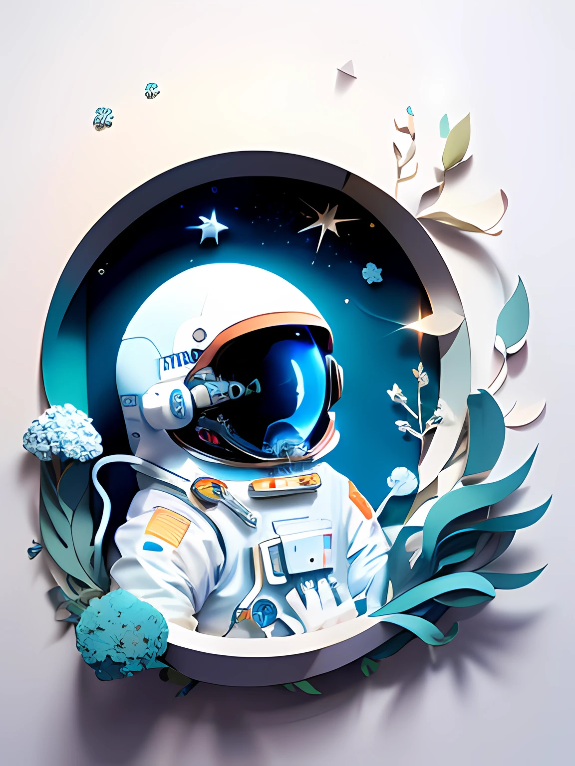 ((Masterpiece))), Best Quality, Light Blue Illustration, ((Astronaut)), Starry Sky, paper_cut, (White Background: 1.1)