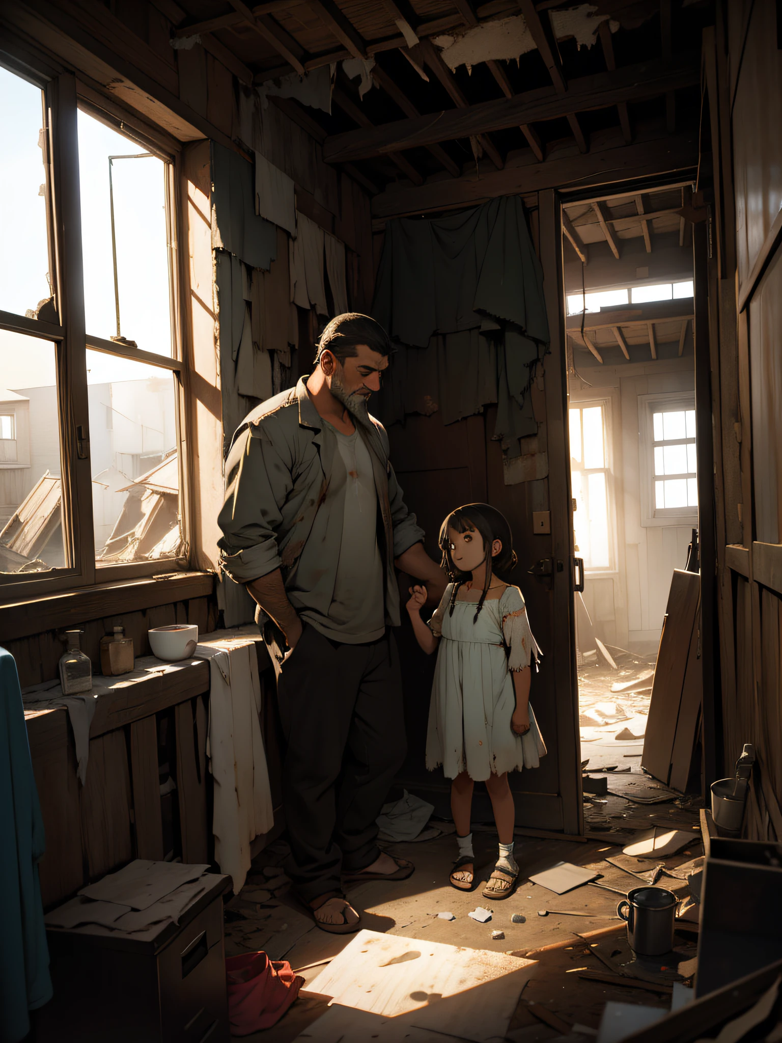 Father in tattered clothes,And a little girl in a dilapidated house,grieves,the night
