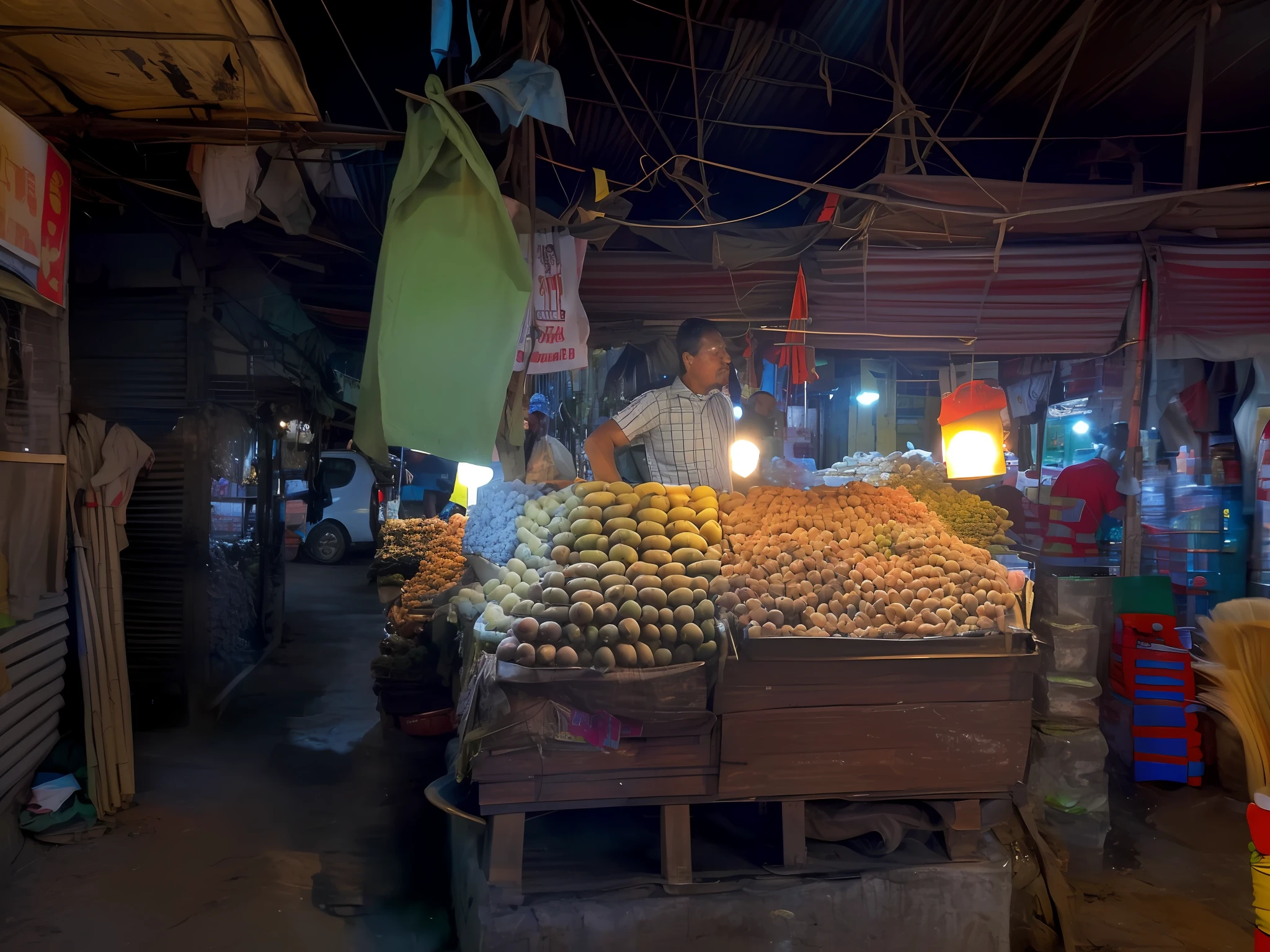 there is a man standing in front of a cart of bananas, market, colored market stand, food stall, a wide full shot, market setting, in the evening, by Ingrida Kadaka, street vendors, evening time, street market, wet market street, busy market, excellent lighting, edited, myanmar, hard morning light, evening at dusk