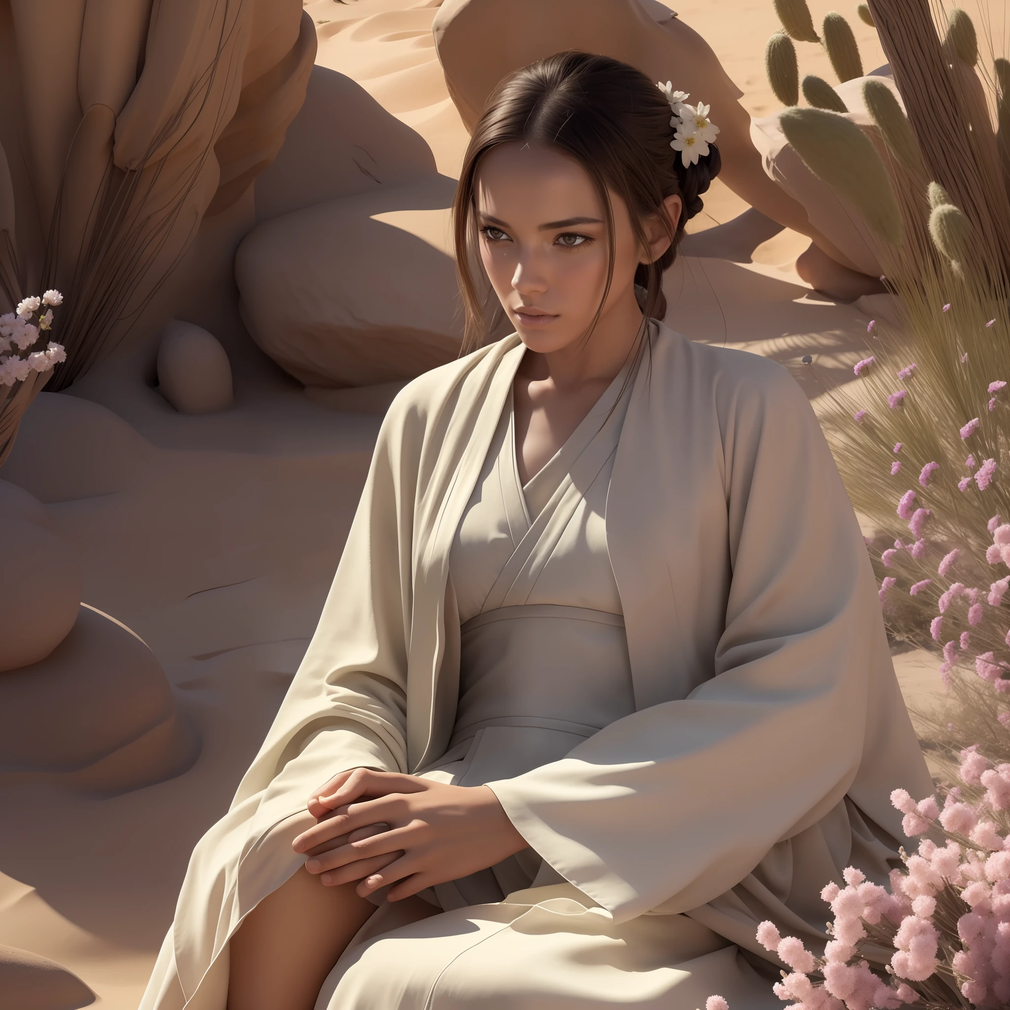 (Jedi Meditation: 1.3), Tranquility Photo, 1 Girl, Jedi Master in Deep Meditation, Dressed in Jedi Costume, Sitting Cross-legged, (Desert Oasis: 1.1), Surrounded by Blooming Desert Flowers, Harmony with the Force, Spiritual Retreat, Transcendent Serenity, Desert Enlightenment, Absurdity, HDR, Ultra-Detailed Illustrations, Extremely Detailed Faces, RAW Photos, Film Particles, Skin Pores, Deviant Art Trends