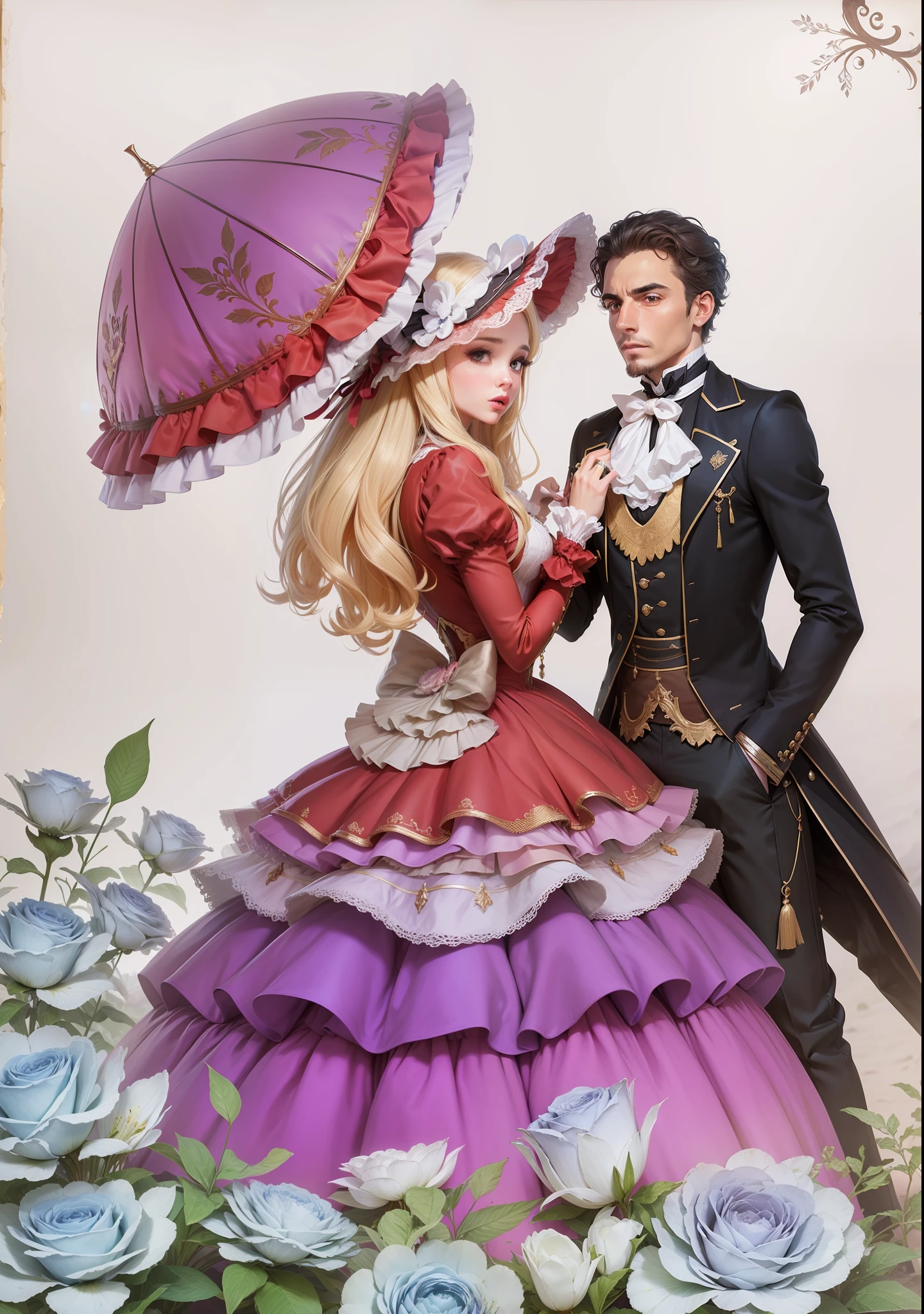 Casal bonitos e jovens, rostos delicados, desenho de um homem e uma mulher vestidos de moda vitoriana com guarda-chuvas, ambos vestindo roupas vitorianas, usando roupas vitorianas, em aristocrata vitoriano, com roupas vitorianas, victorian ta fashion, em um vestido da era vitoriana, traje estilo vitoriano,  vitoriano elegante, vestido vitoriano, victorian , fantasia arte vitoriana