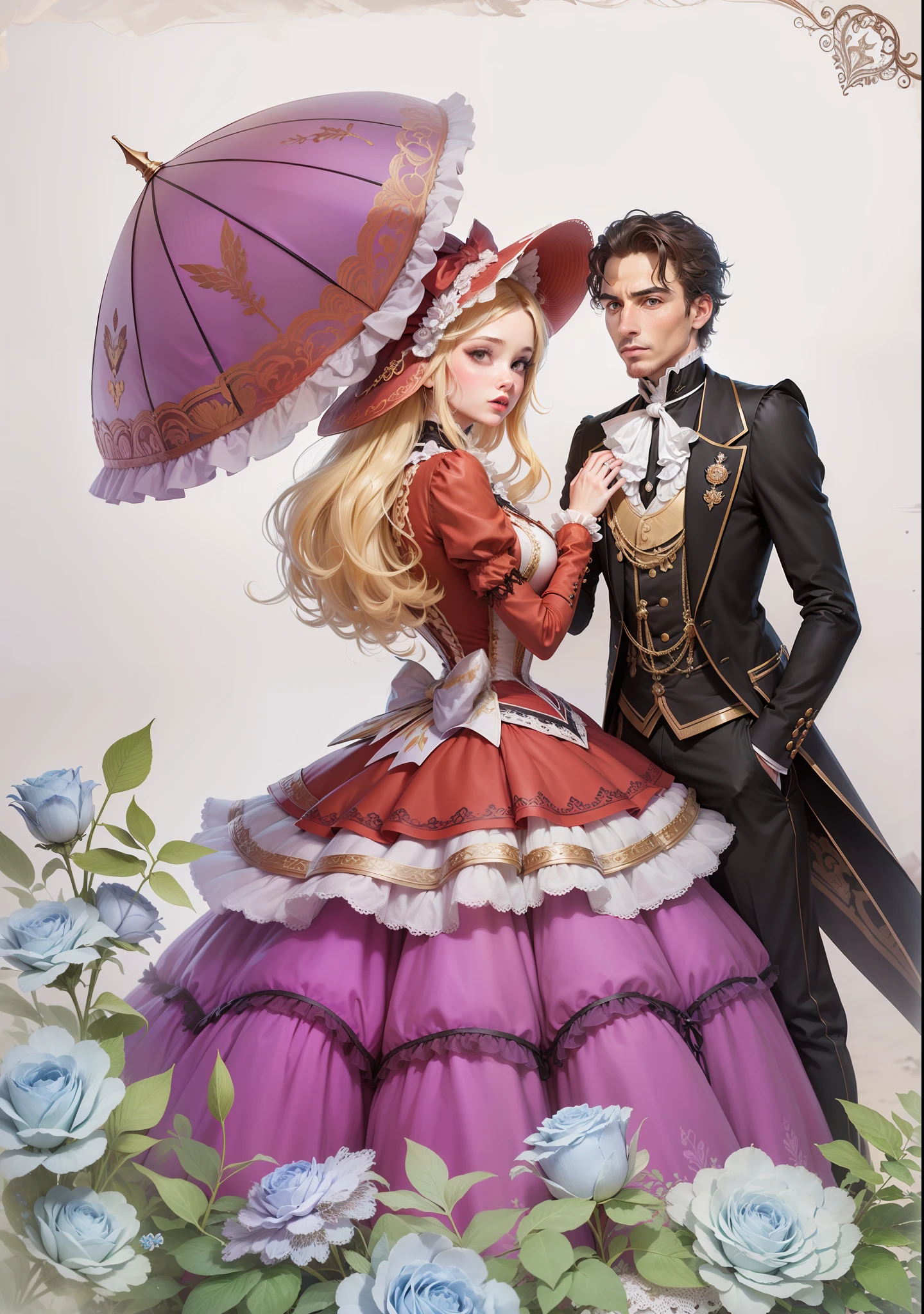 Casal bonitos e jovens, rostos delicados, desenho de um homem e uma mulher vestidos de moda vitoriana com guarda-chuvas, ambos vestindo roupas vitorianas, usando roupas vitorianas, em aristocrata vitoriano, com roupas vitorianas, victorian lolita fashion, em um vestido da era vitoriana, traje estilo vitoriano, vitoriano elegante, vestido vitoriano, victorian , fantasia arte vitoriana