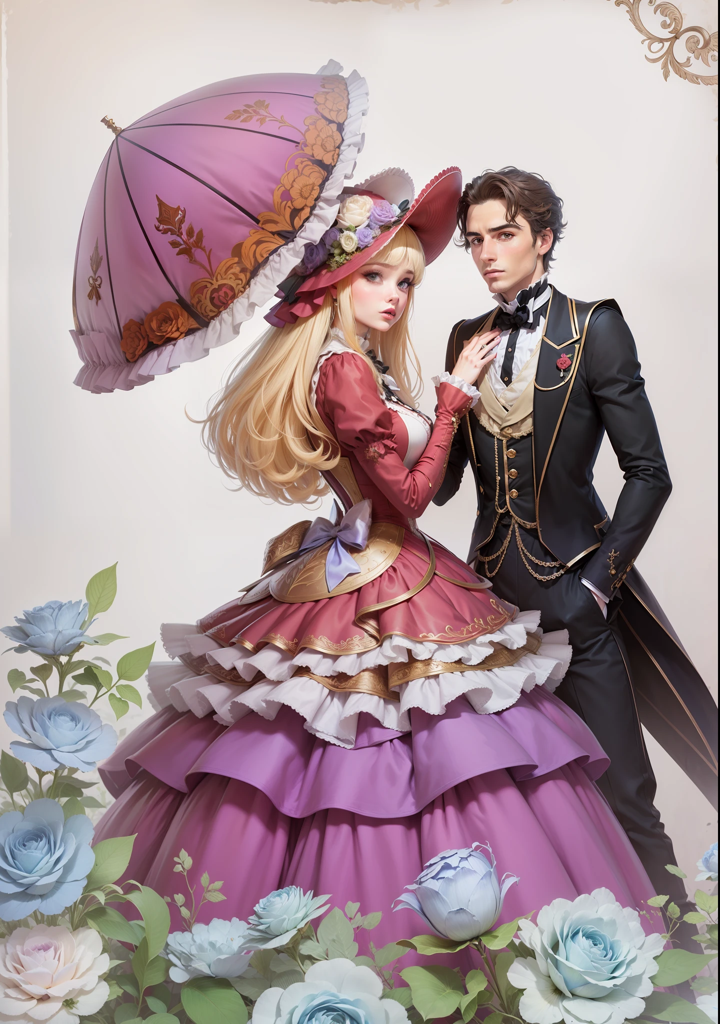 Casal bonitos e jovens, rostos delicados, desenho de um homem e uma mulher vestidos de moda vitoriana com guarda-chuvas, ambos vestindo roupas vitorianas, usando roupas vitorianas, em aristocrata vitoriano, com roupas vitorianas, victorian ta fashion, em um vestido da era vitoriana, traje estilo vitoriano, vitoriano elegante, vestido vitoriano, victorian , fantasia arte vitoriana