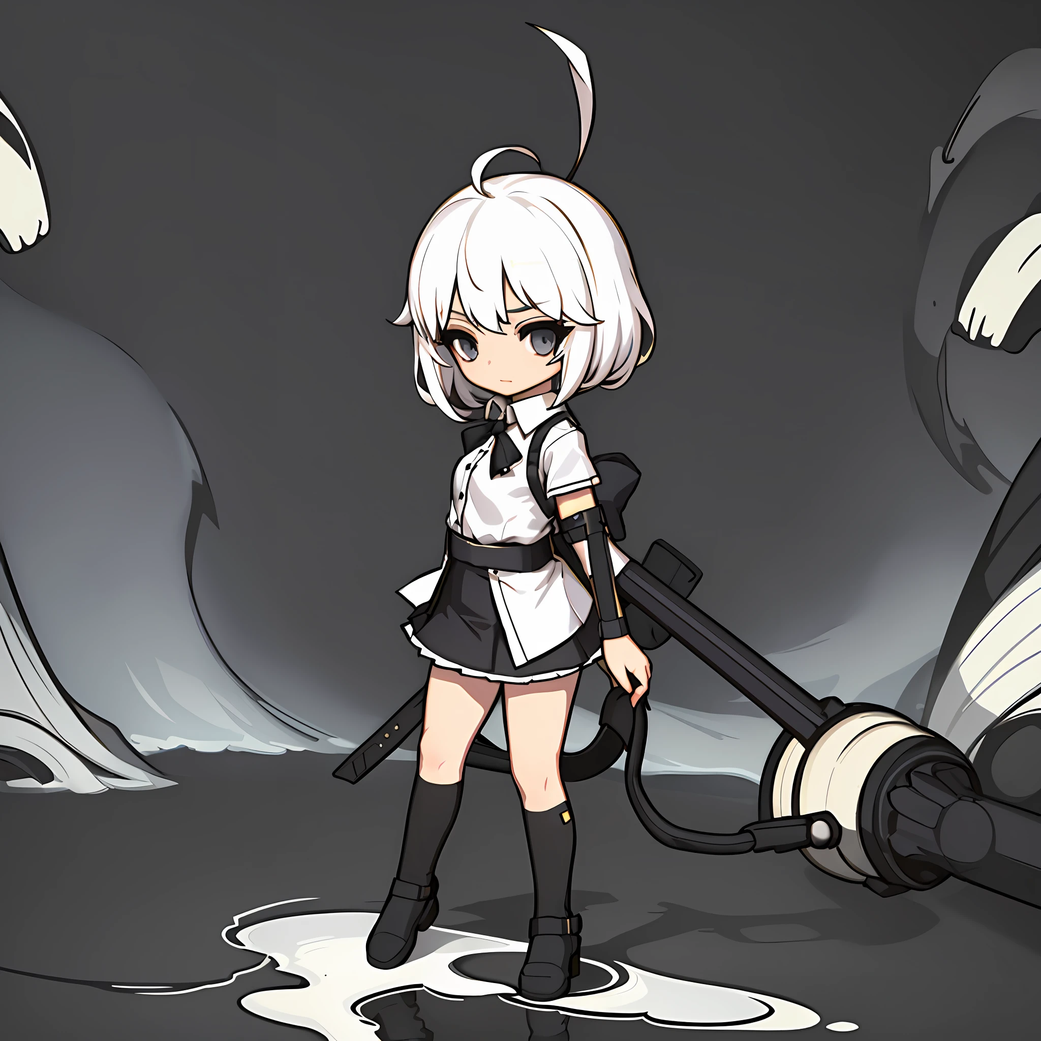 (best quality), (masterpiece), (Chibi), (1girl), (solo), (female focus), (ahoge, white hair, short hair), black eyes, ((white shirt), (buttoned shirt)), ((black skirt), (short skirt)), standing, white background, arms behind back