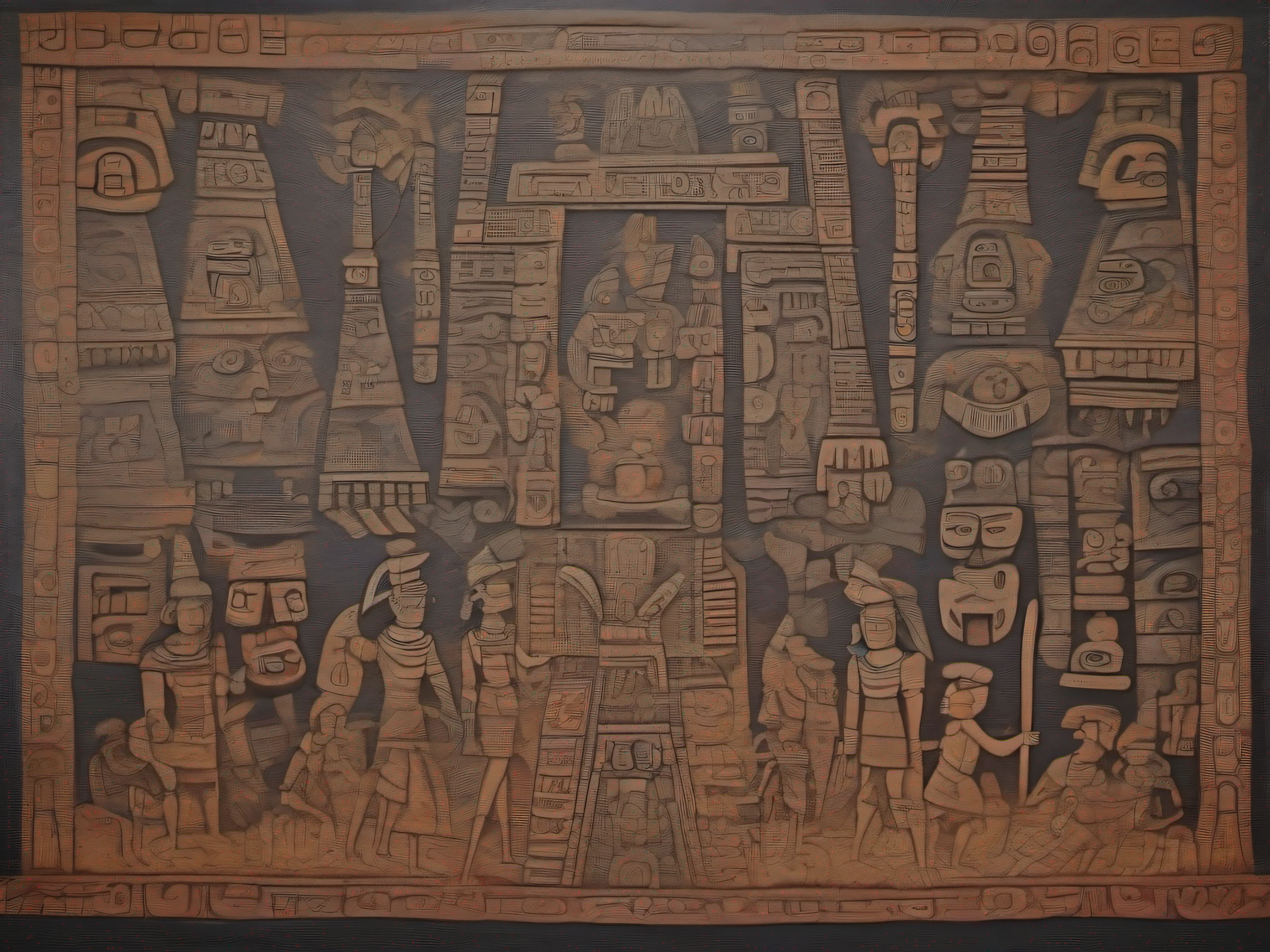 (masterpiece:1.2), (wall painting:1.4), (aztec:1.4), (archaic:1.3), artwork, (wall:1.1), (dark:1.3), prehistoric