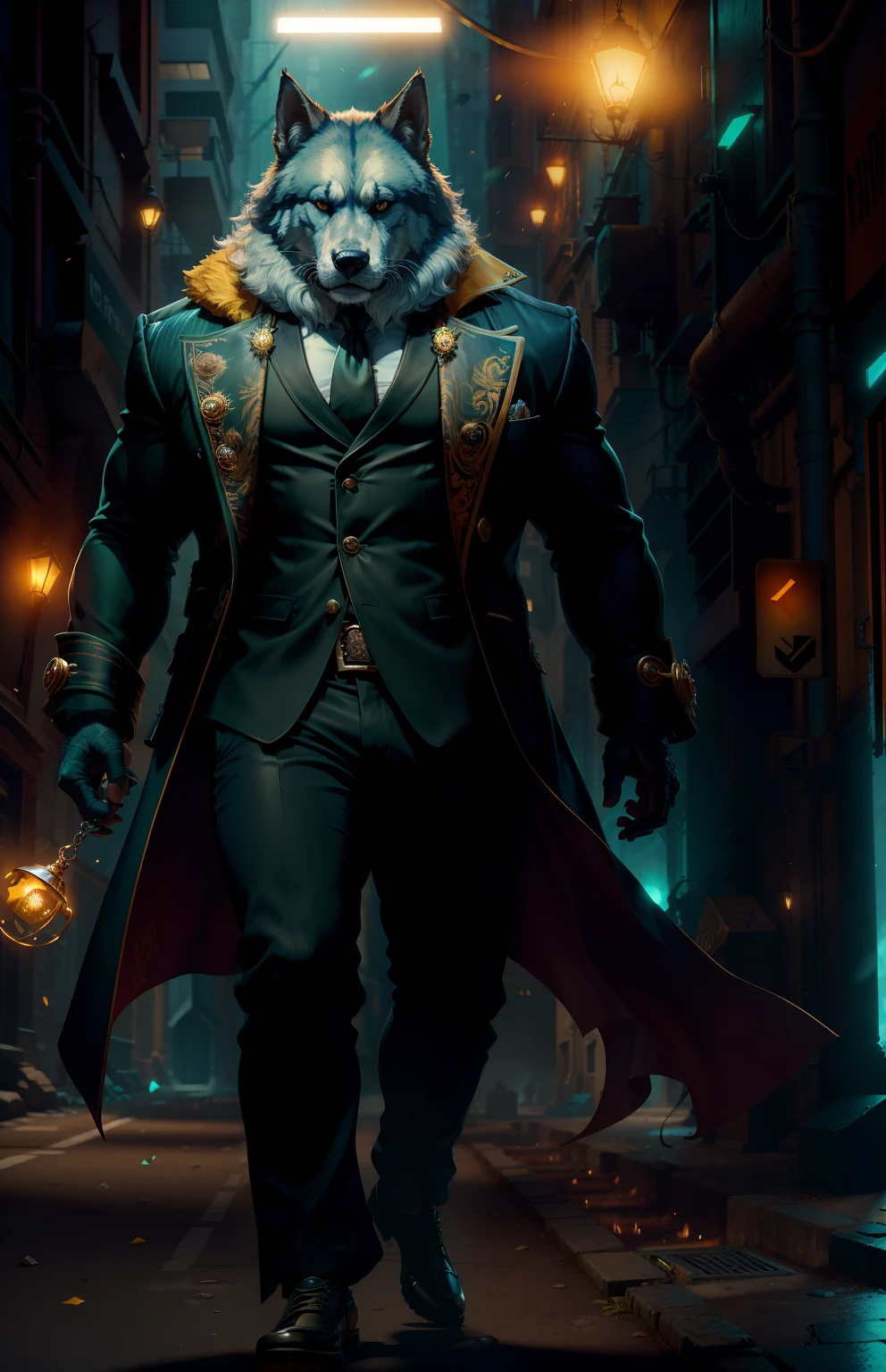 Obra-prima, (ultra detalhado), (Antropomorfismo animal), Gangster theme, Lobo, Bonito, Gabardina, Luzes fracas, Paisagem urbana corrompida, max quality, sole focus, (desnatação: 1.1), Homem musculoso, Corpo inteiro, Unreal Engine Intrincado (Detalhe Alto: 1.1).