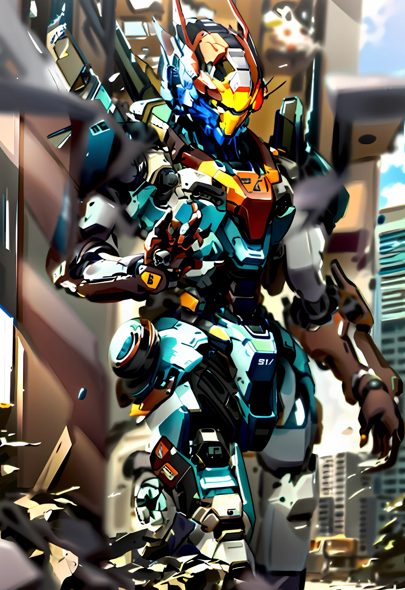 Close-up of robot standing in front of a building, Mecha suit, anthem game inspiration, Full body mecha, titanfall 2 game, portrait of a mech, full body red mech, cool mecha style, Mech suit, mega humanoid mech, Red mech, Alexander Ferra Mecha, full body mecha suit, anime large mecha robot,arctic fox