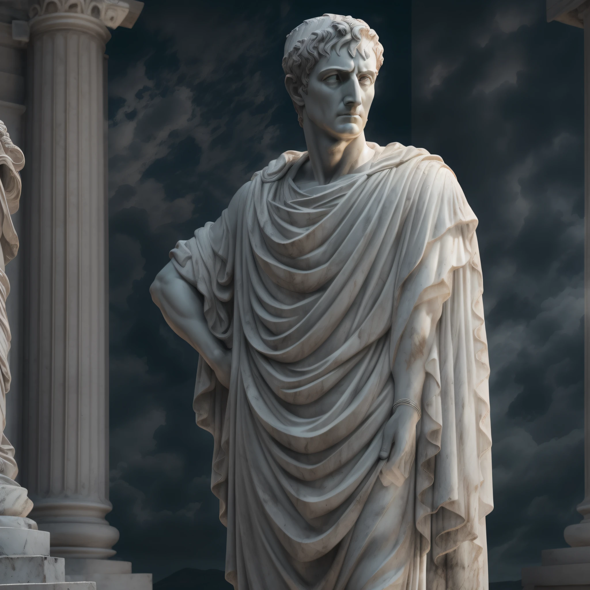 A realistic Greek white marble statue of Julius Caesar thoughtful detailed wearing a ghostly toga, fundo neutro, Moody, , fotorrealista, thoughtful movie dinner, super detalhada, hiper realista, luzes brilhantes, 8 K