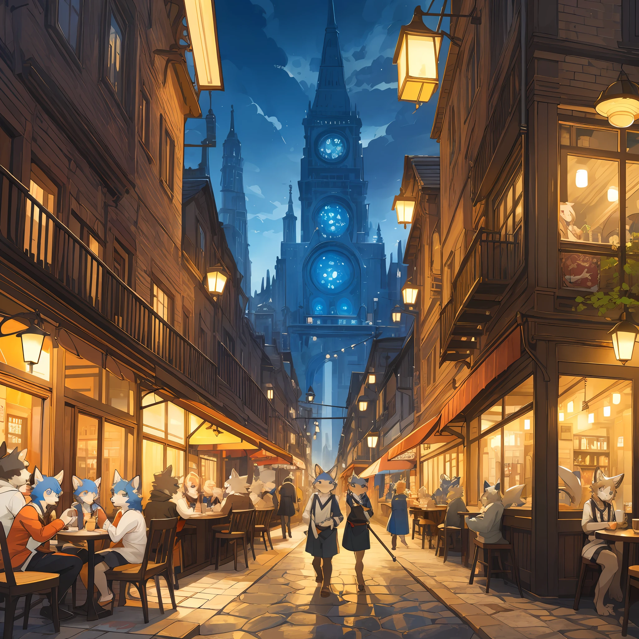 top quality, best quality, High-quality illustrations, masterpiece, super high resolution, detailed background, detailed background, cafe, Terrace, drink, coffee, staff, 6+boys, 6+girls, absurdres(highly detailed beautiful face and eyes)perfect anatomy, expression, good lighting, cinematic shadow(kemono, furry anthro),