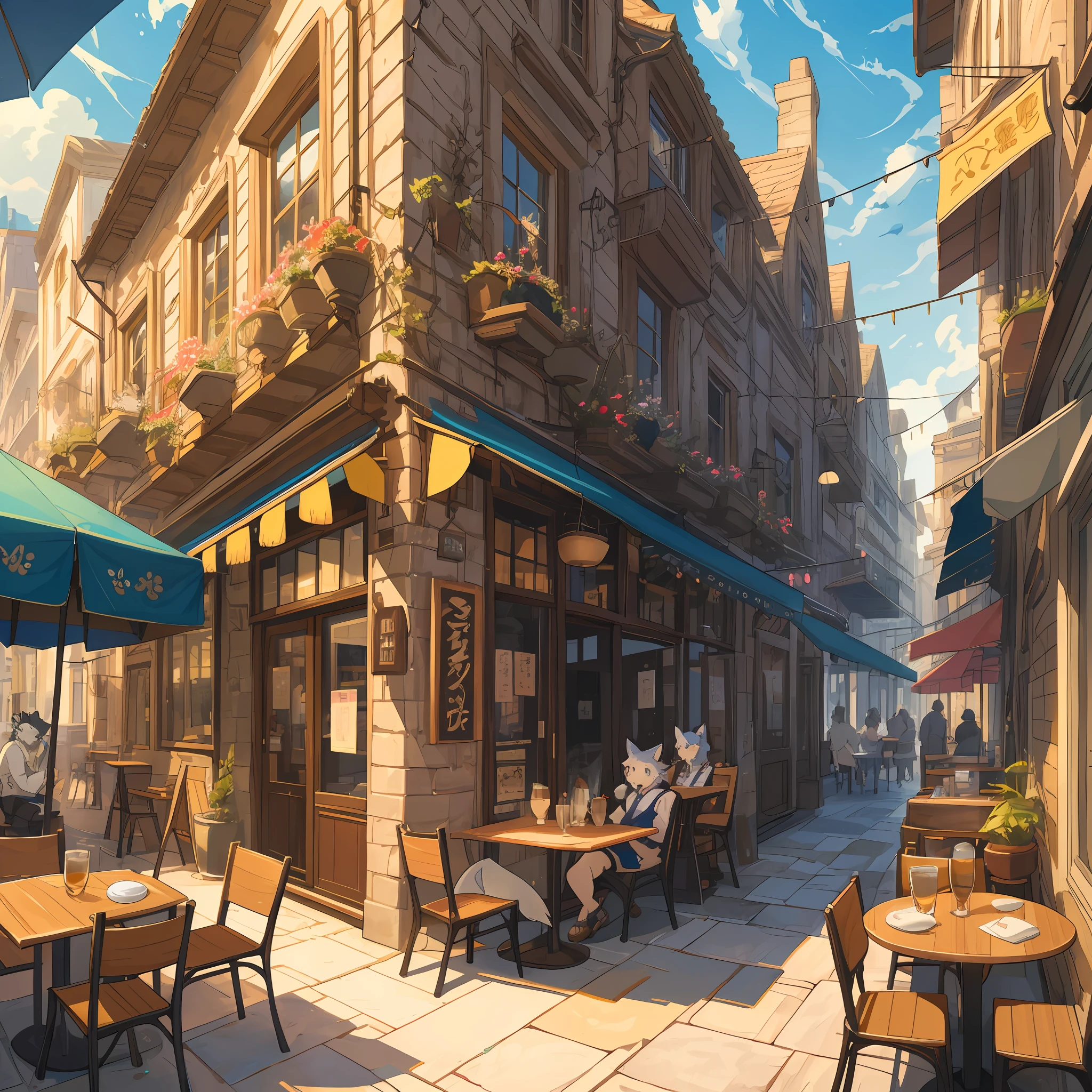 top quality, best quality, High-quality illustrations, masterpiece, super high resolution, detailed background, detailed background, cafe, Terrace, drink, coffee, staff, 6+boys, 6+girls, absurdres(highly detailed beautiful face and eyes)perfect anatomy, expression, good lighting, cinematic shadow(kemono, furry anthro),