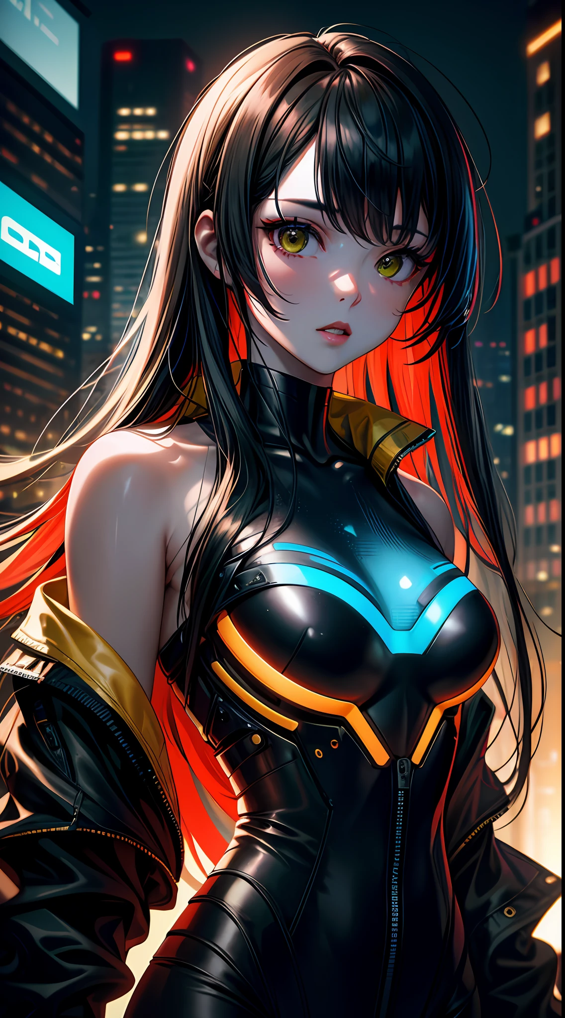 Masterpiece, highest quality, realistic, subsurface scattering, chromatic lighting, colorized, red + yellow + green + blue limited color palette, detailed concept drawing, line-art, illustration, cyberpunk, 18yo 1girl, tech-savvy, holographic ads, sleek bodysuit, neural implants, skyscraper skyline, monorail tracks, hacktivist group, luminous code lines, (CLOSE UP)