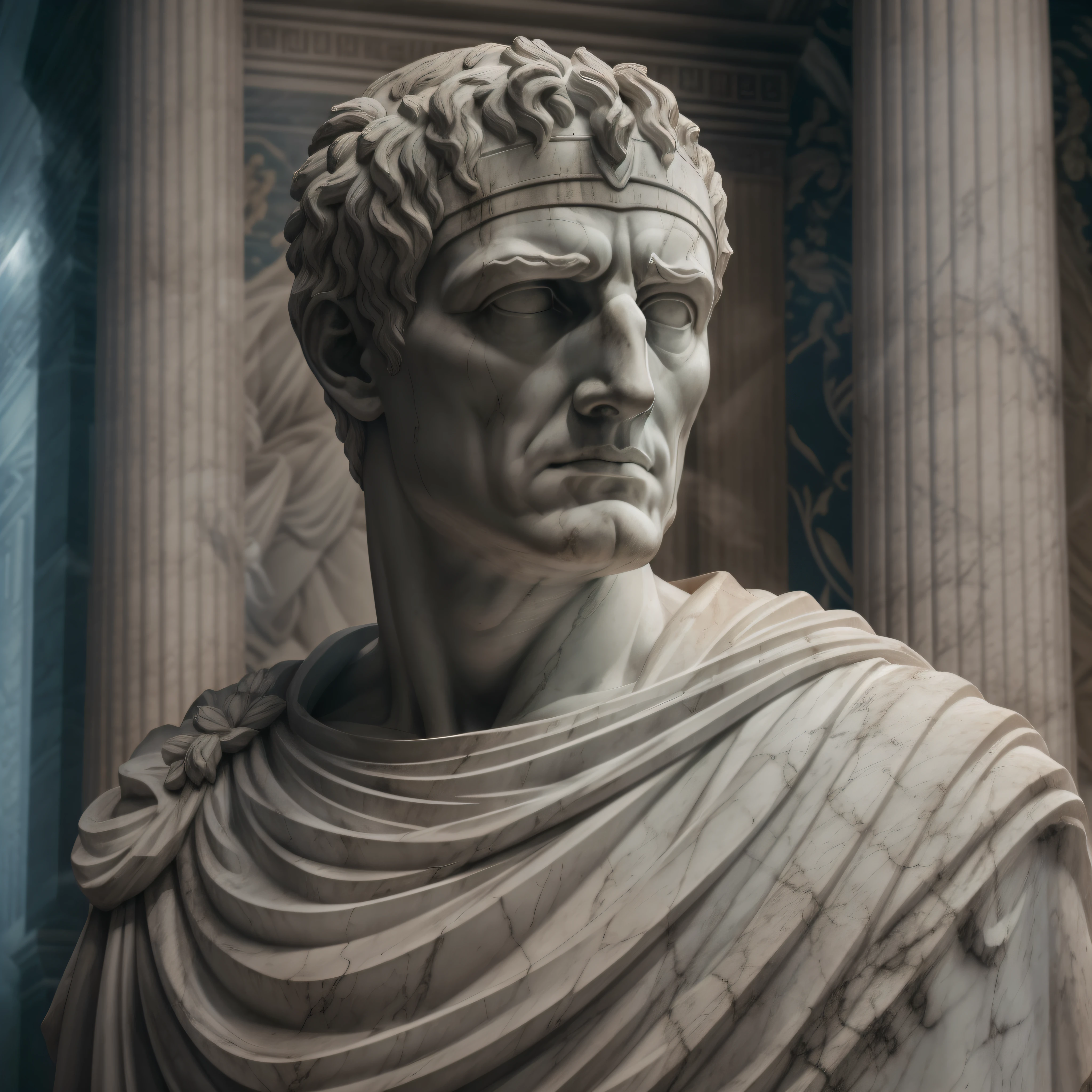 A realistic Greek white marble statue of Julius Caesar thoughtful detailed wearing a ghostly toga, fundo neutro, Moody, , fotorrealista, thoughtful movie dinner, super detalhada, hiper realista, luzes brilhantes, 8 K