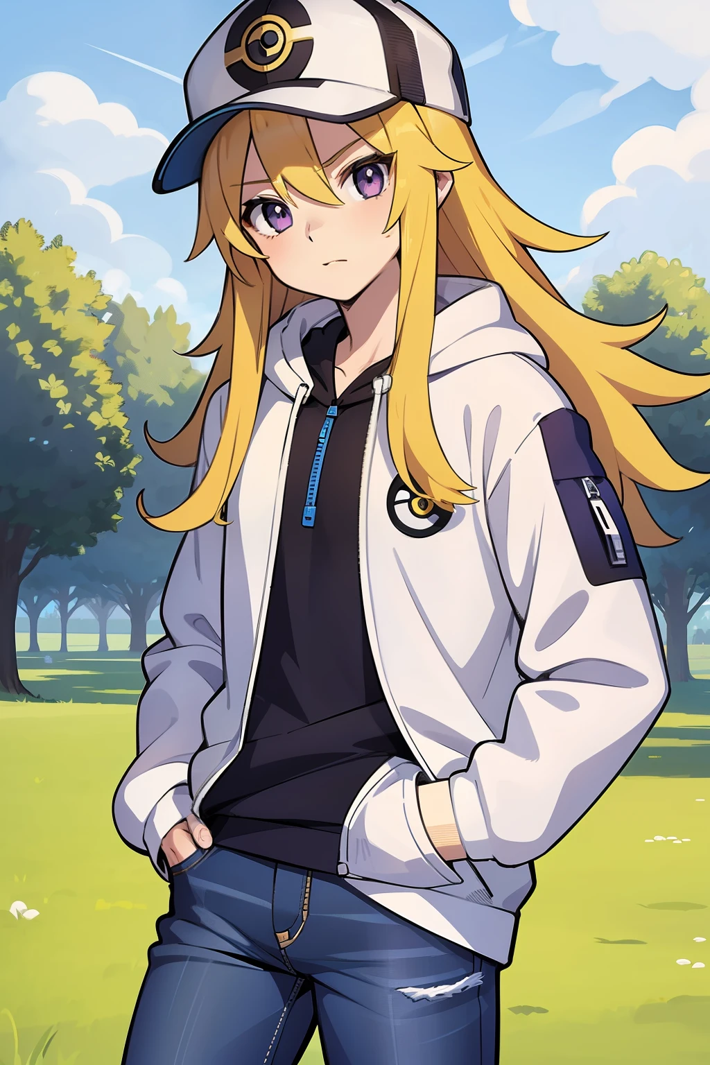 bust art of a anime boy, 1boy, long golden blonde hair, broad shoulders, strong farm boy, (purple eyes), (black and white pokeball cap), (open blue zip up hoodie), (white shirt), (jeans), park scenery, pokemon boy, , tall