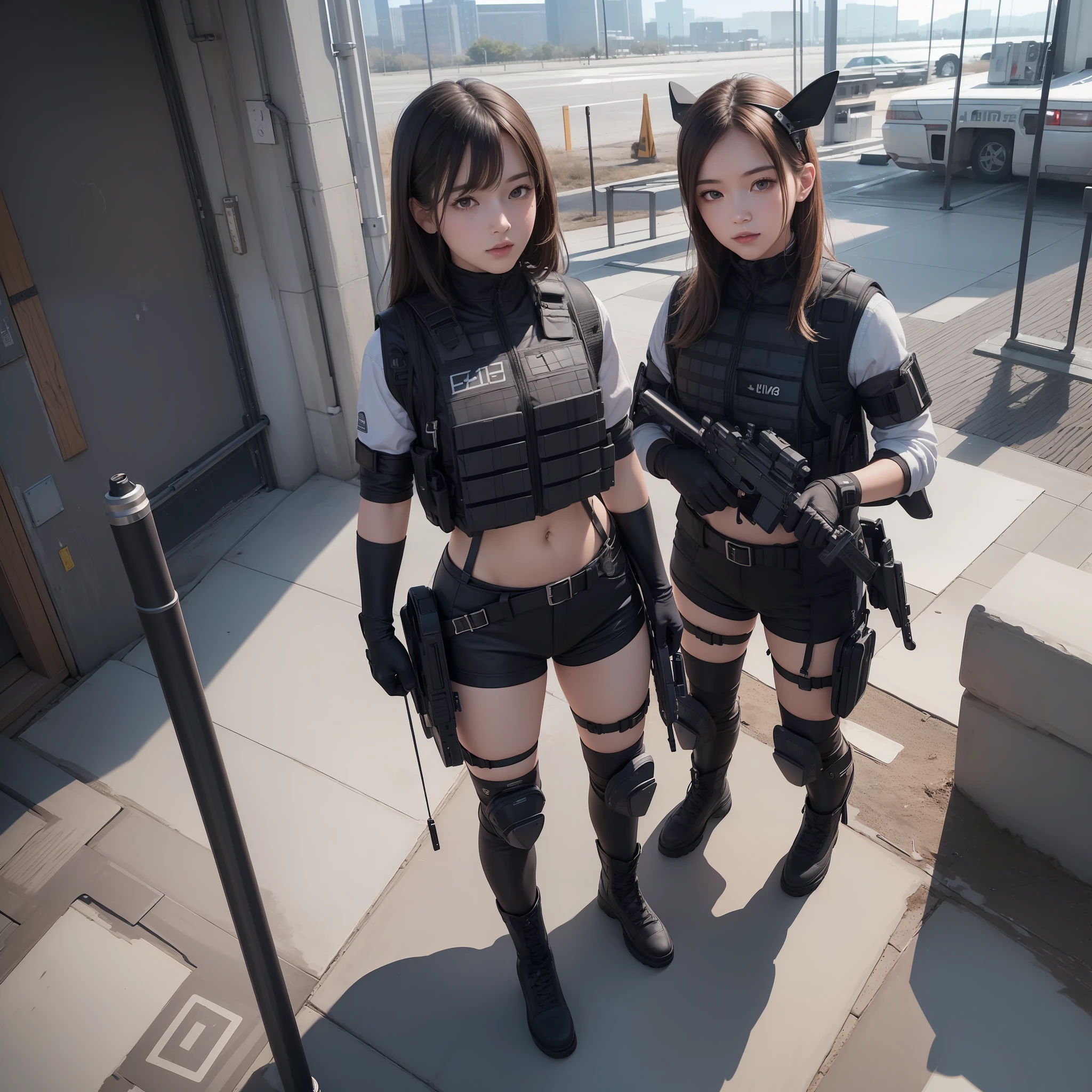 ((high quality)), ((masterpiece)), 8k, 2girls, bulletproof vest, light rays, extremely detailed CG unity 8k wallpaper, game cg, looking at viewer, gloves, boots, full body, watch, computer, mask, drone, holding weapon, headphones, jacket, bag, backpack,