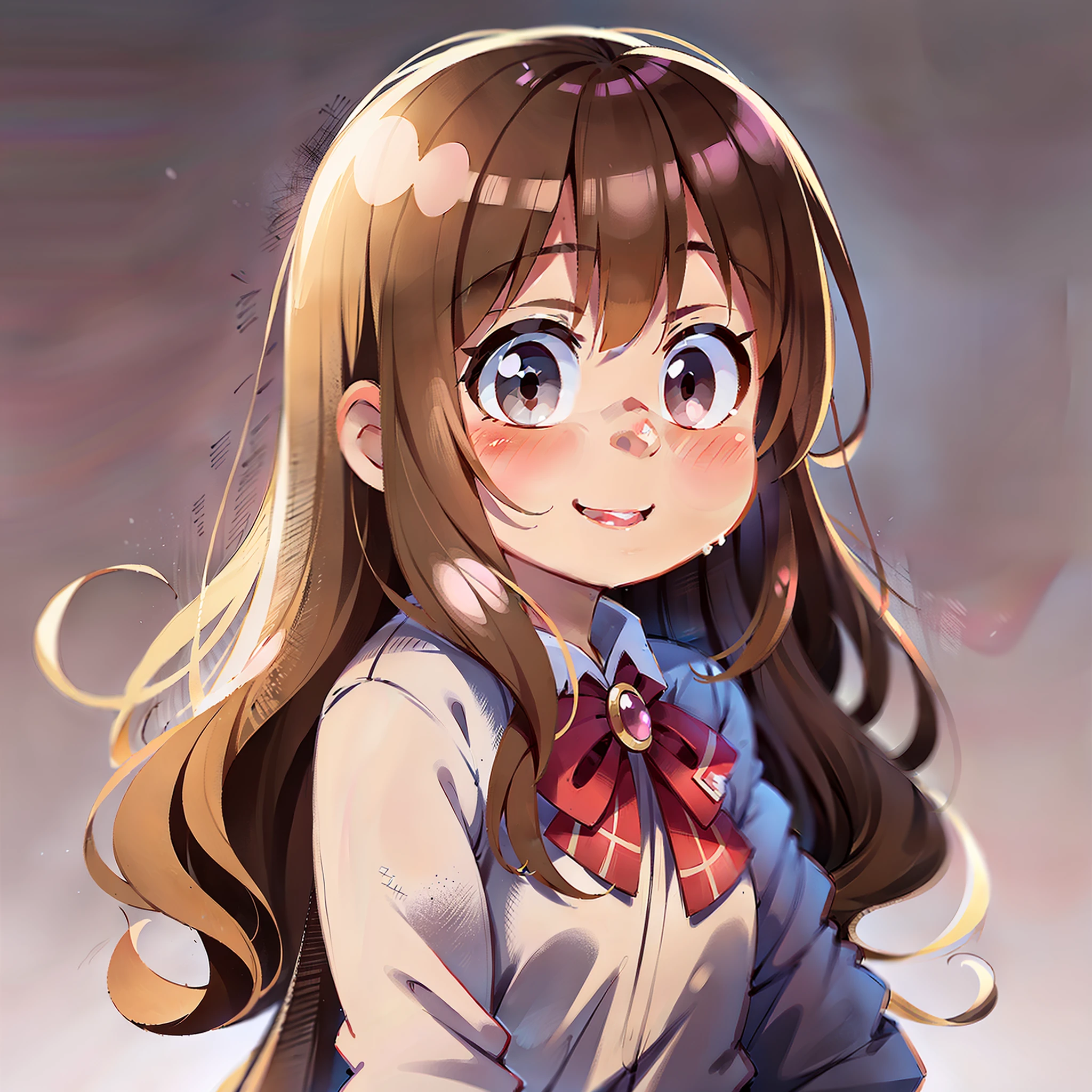 cute anime  girl, portrait from chest up, closed lip smile, rosy cheeks, big bright shiny eyes, slightly wavy hair, 4 years  lighting, simple background, high resolution
