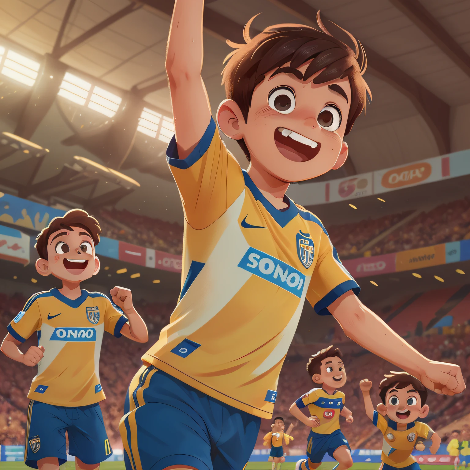  de 9 anos de idade, cabelos castanhos curtos e estilosos, olhos castanhos, Running and celebrating with his arm raised celebrating his first goal with his soccer team, dentro de campo, muito felizes e sorridentes, estilo disney pixar, imagem 8k, ultra hd, todos com muita expressao.