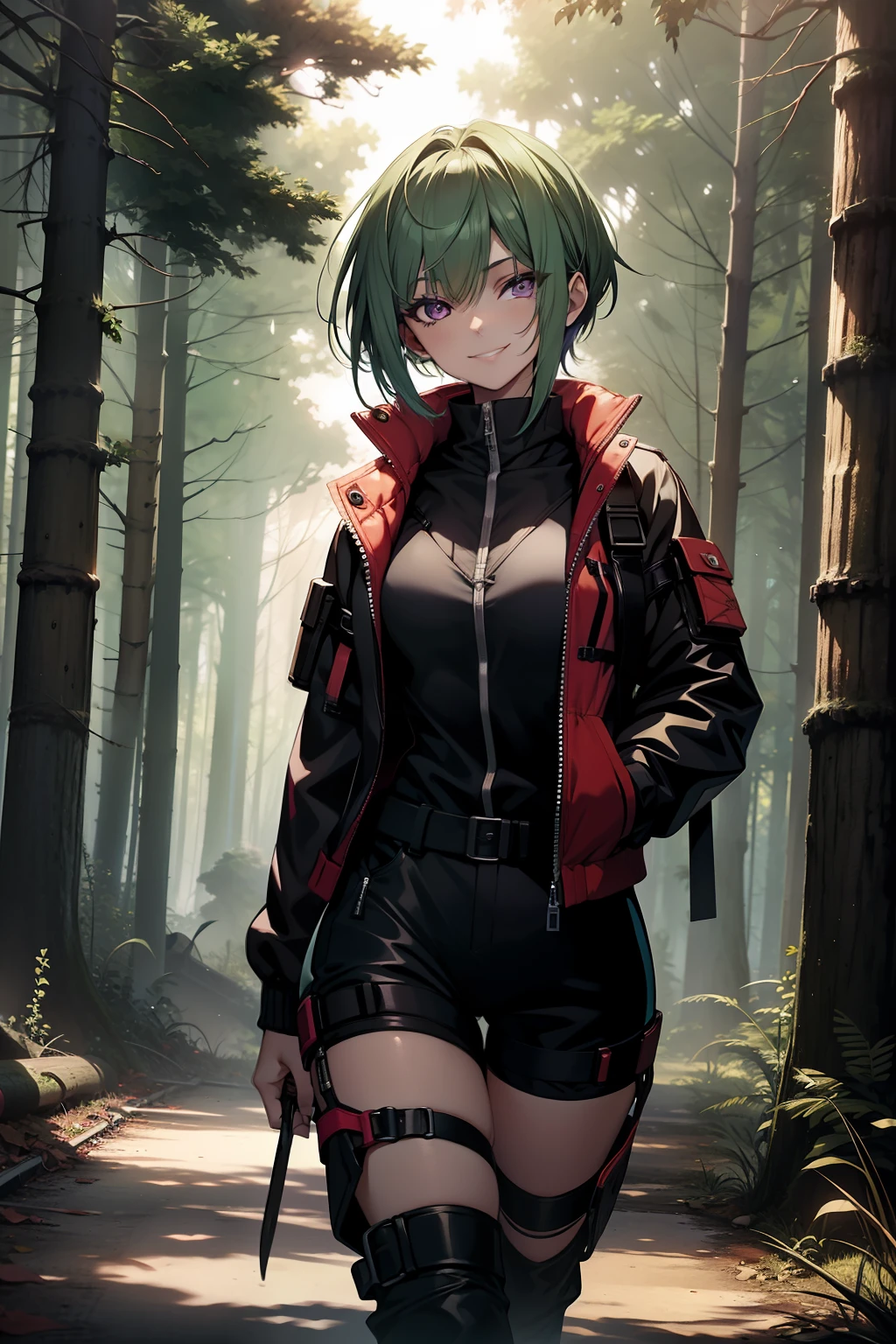 girl, , ligh green hair, short haircut, purple eyes, short jumpsuit, half naked, sexy outfit, sensual, in dark forest, holding chainsaw, Looking at viewer, sinister sensual smiling, stepping out of clothes