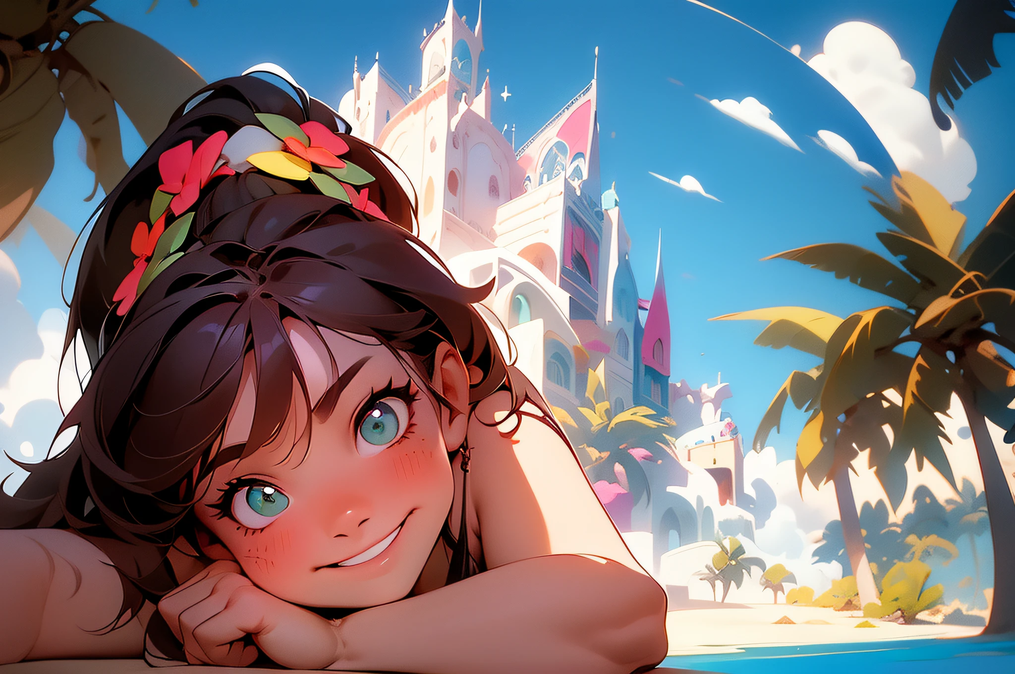 (masterpiece), best quality, expressive eyes, perfect face, pixar animation style and niji cartoon style image of a beautiful girl in close up laying on a beach towel over the sand of a beautiful beach in a tropical island in a highligh sunny day with palm tree back. Selfie. Dimples, Cute Smile. A little tattoo. She is resting her chin on a hand. Light and shadow, mesmerizing big green eyes, catchlights, brown hair, ponytail, digital illustration, dslr, 8k